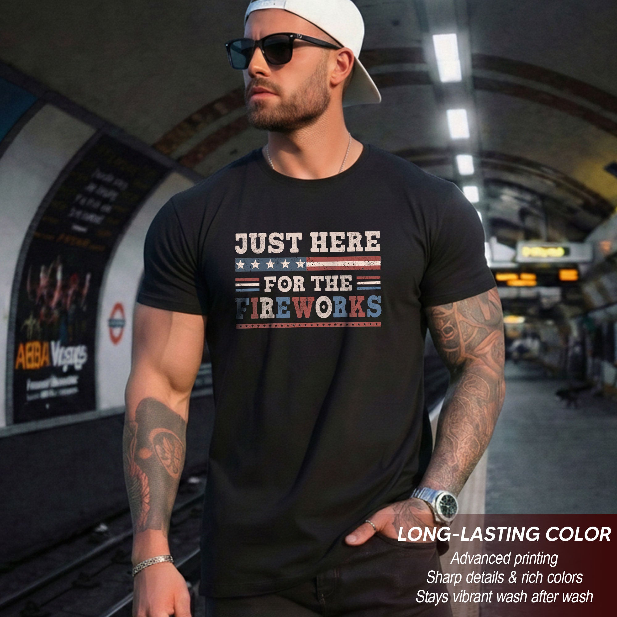 Just Here For The Fireworks Shirt Patriotic Vintage 4th of July Graphic Tee Gift