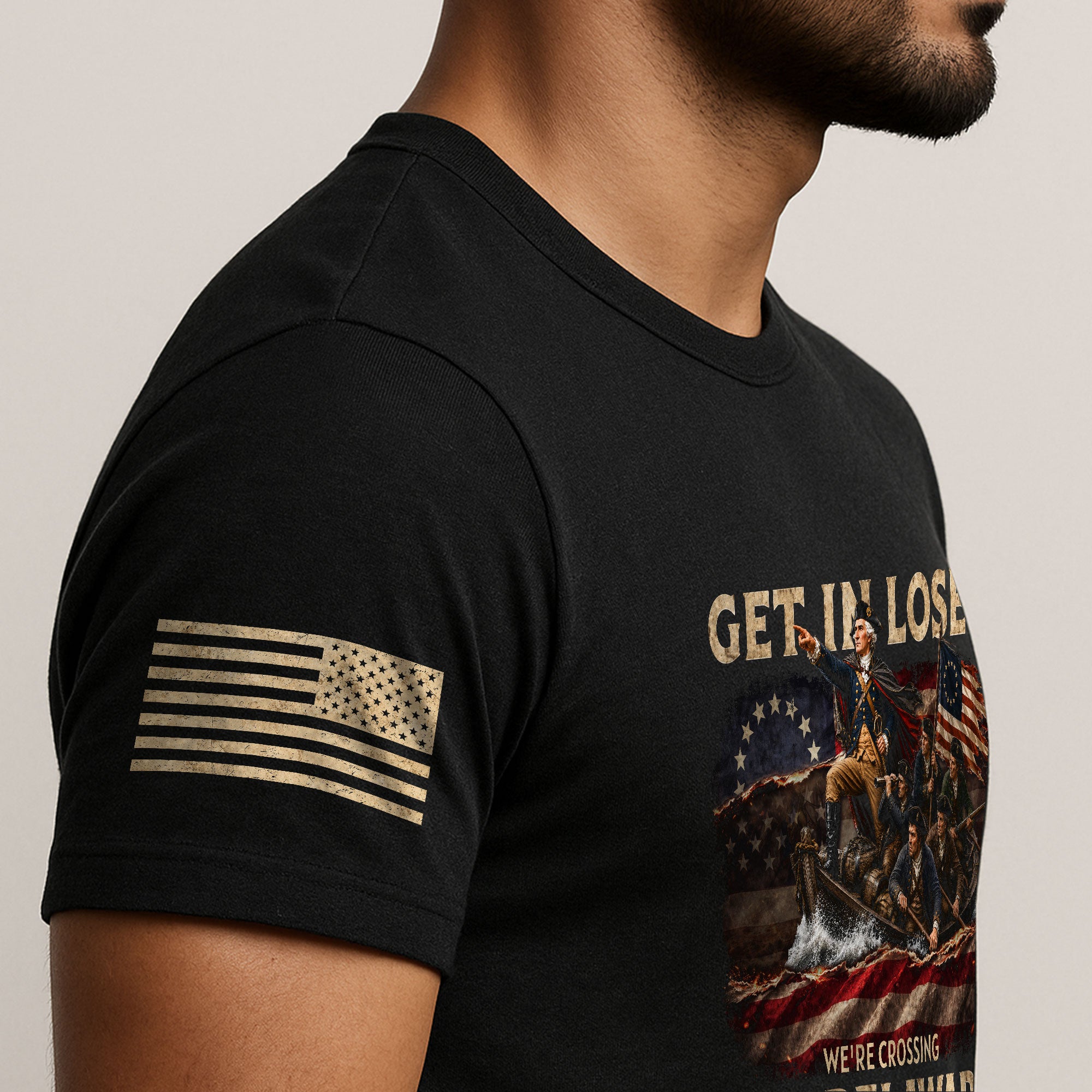 Get In Loser We're Crossing The Delaware T-Shirt George Washington Betsy Ross Flag Tee