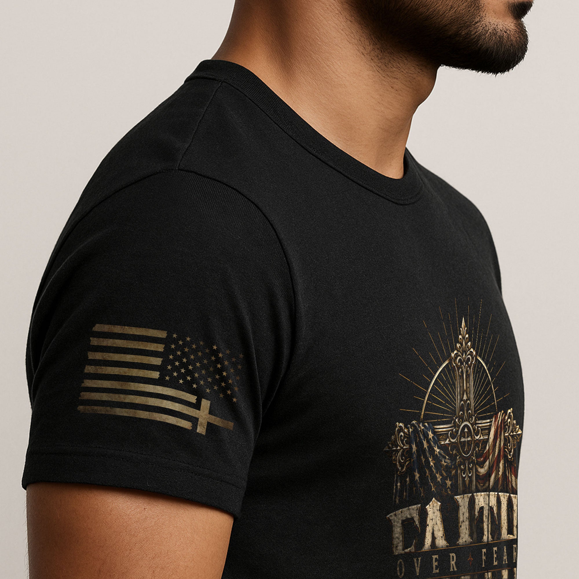 Faith Over Fear T Shirt Christian Cross American Flag Vintage Religious Patriotic Tee