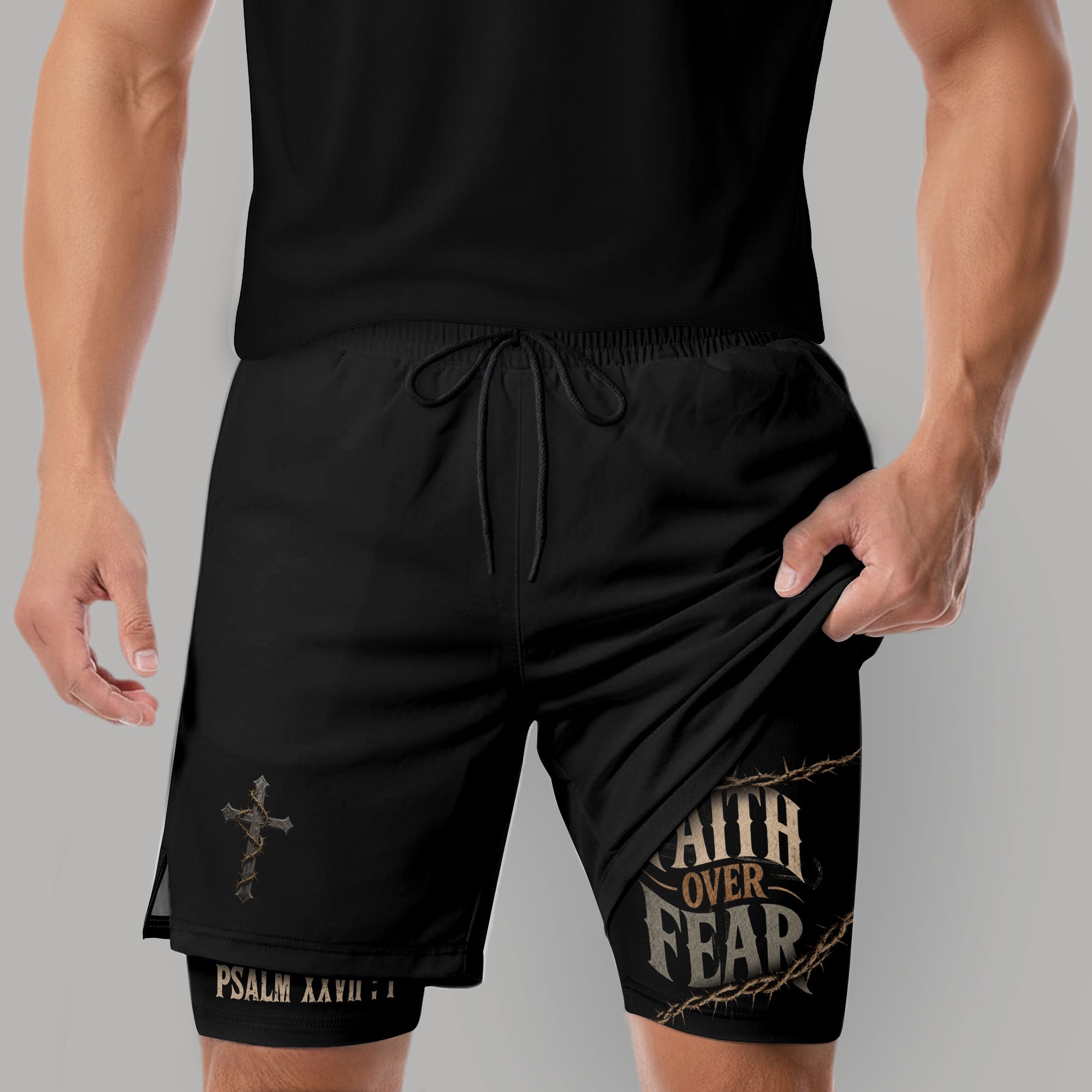 Men's Faith Over Fear Double Layer Track Shorts - Christian Psalm 27:1 Gym Shorts