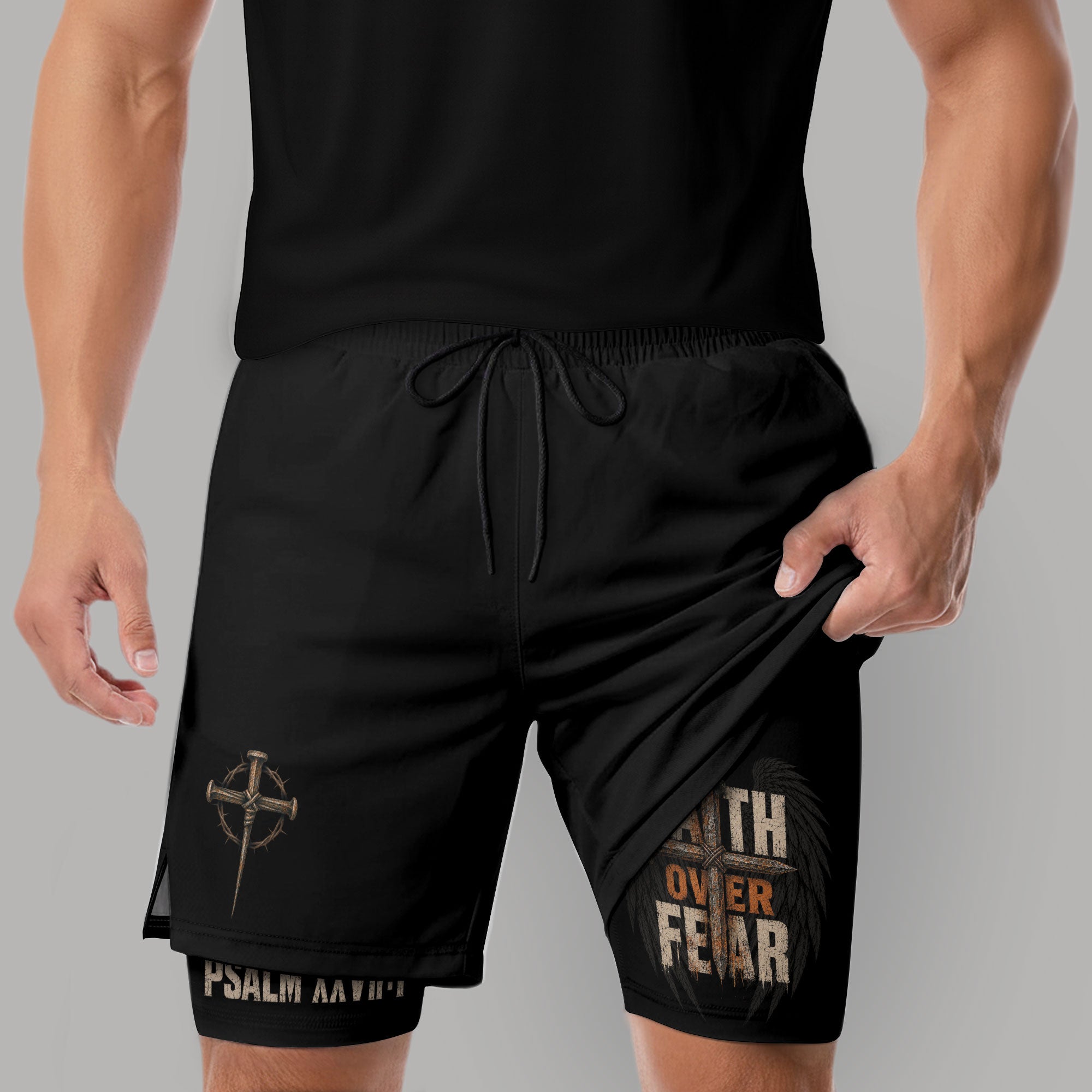 Psalm 27:1 Faith Over Fear Men's Double Layer Track Shorts - Christian Cross Workout Shorts
