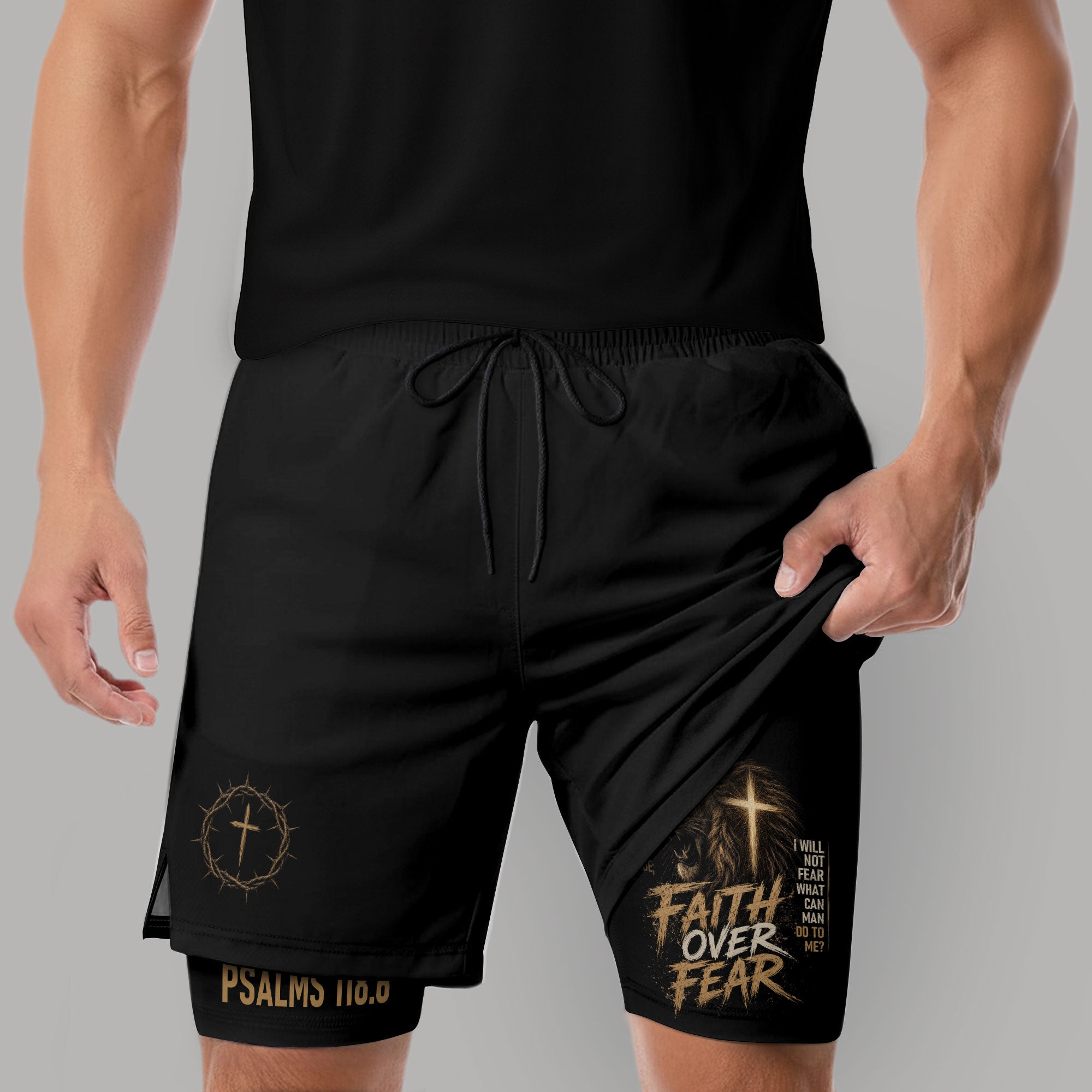 Psalms 118:6 Lion Faith Over Fear Men's Double Layer Track Shorts - Christian Gym Shorts