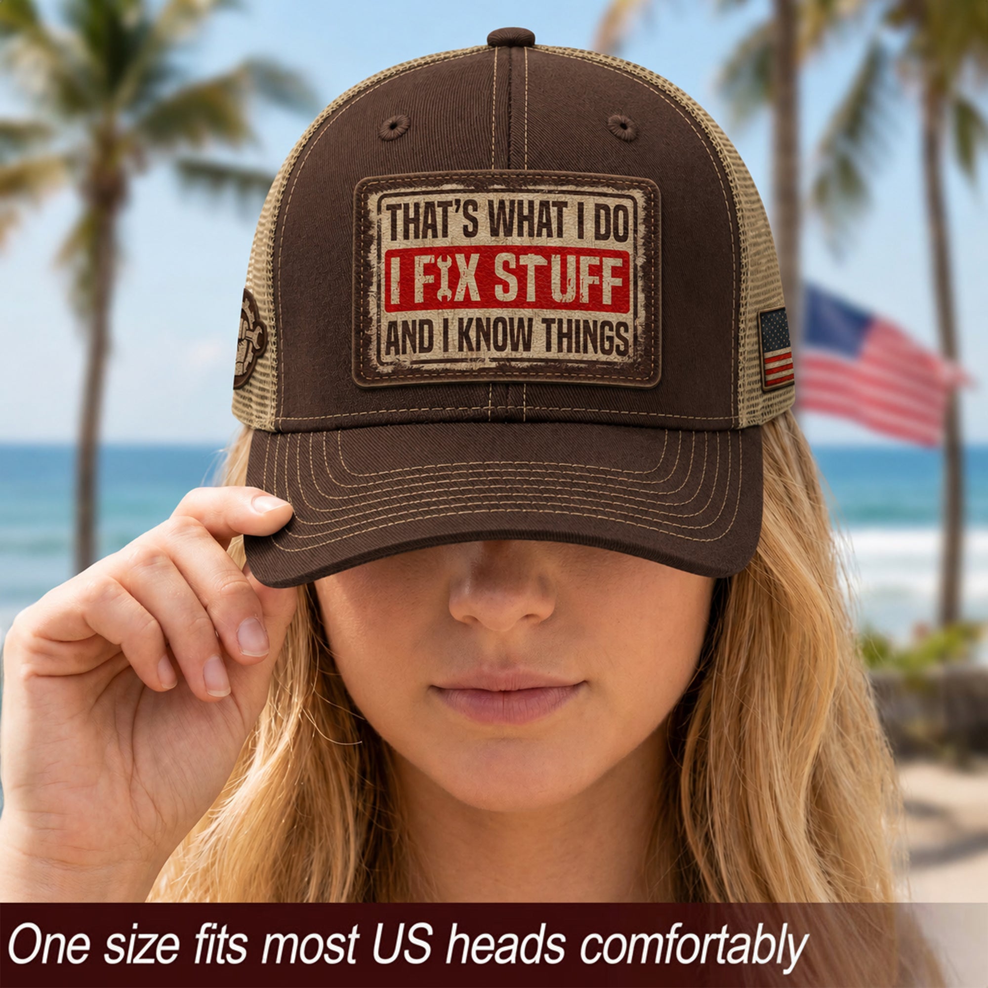 Brown I Fix Stuff And I Know Things Funny Mechanic Men Patch Trucker Hat Casual