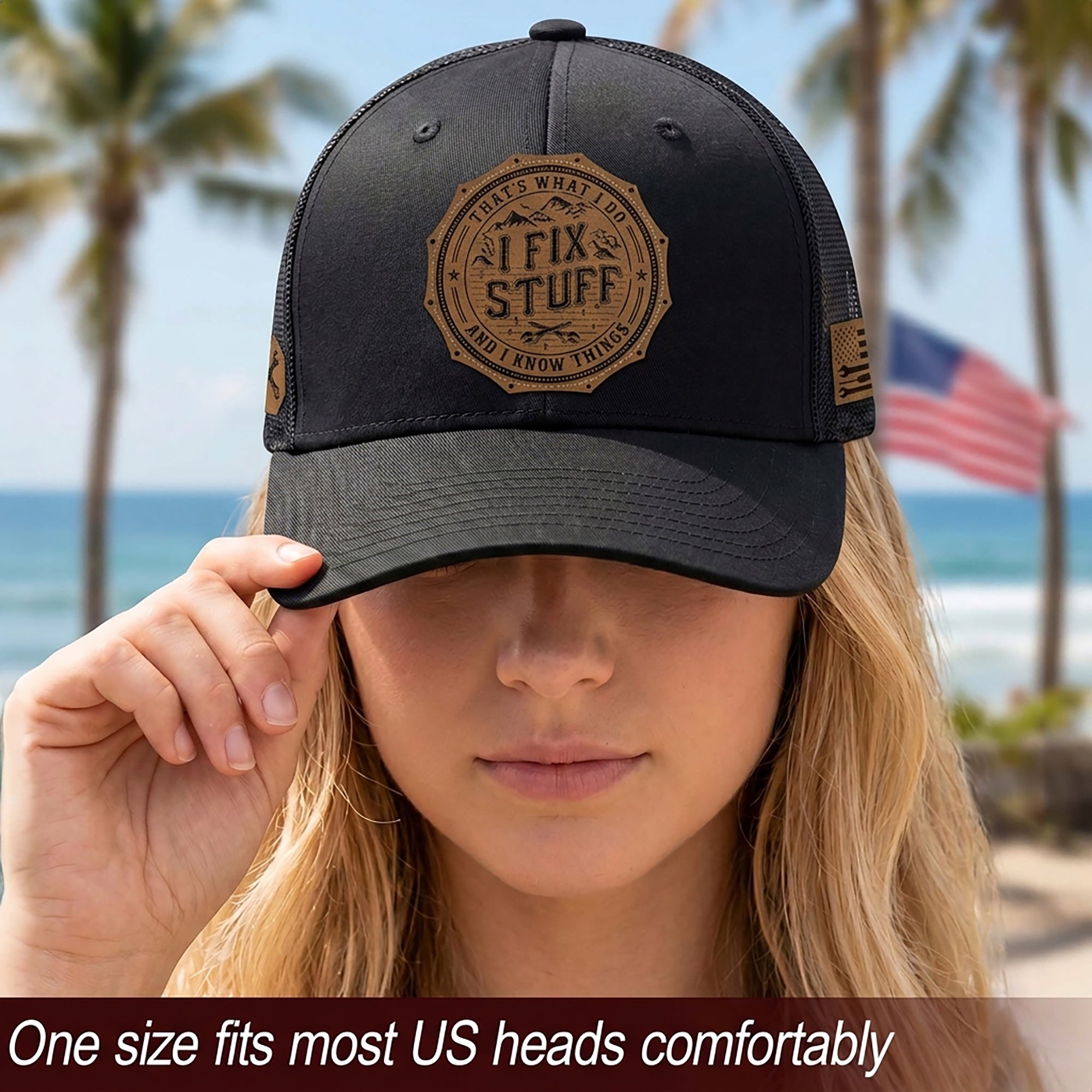 That's What I Do I Fix Stuff Round Leather Patch Black Trucker Hat Handyman Gift
