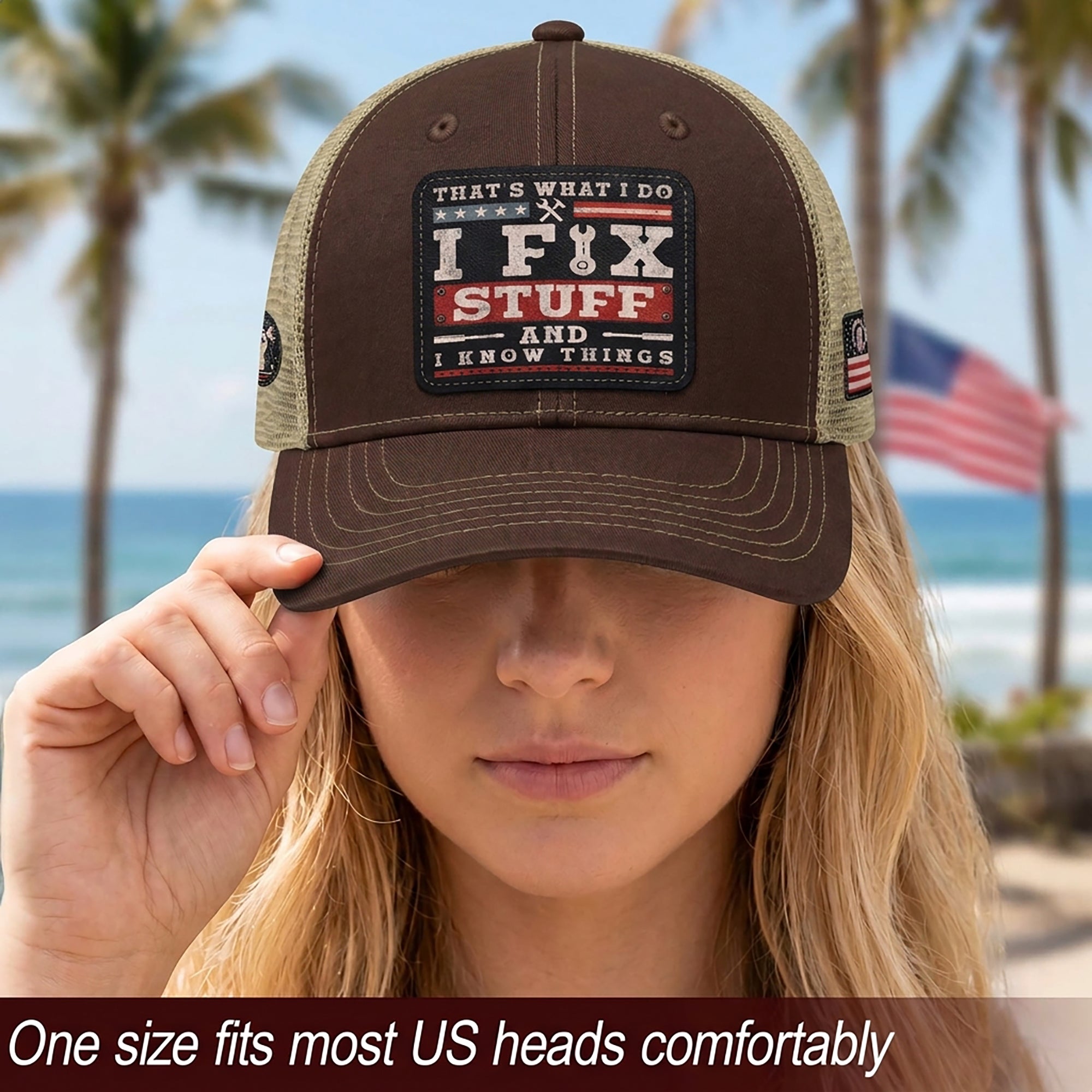 That's What I Do I Fix Stuff Patch Brown Trucker Hat Cool Handyman Dad Gift Idea