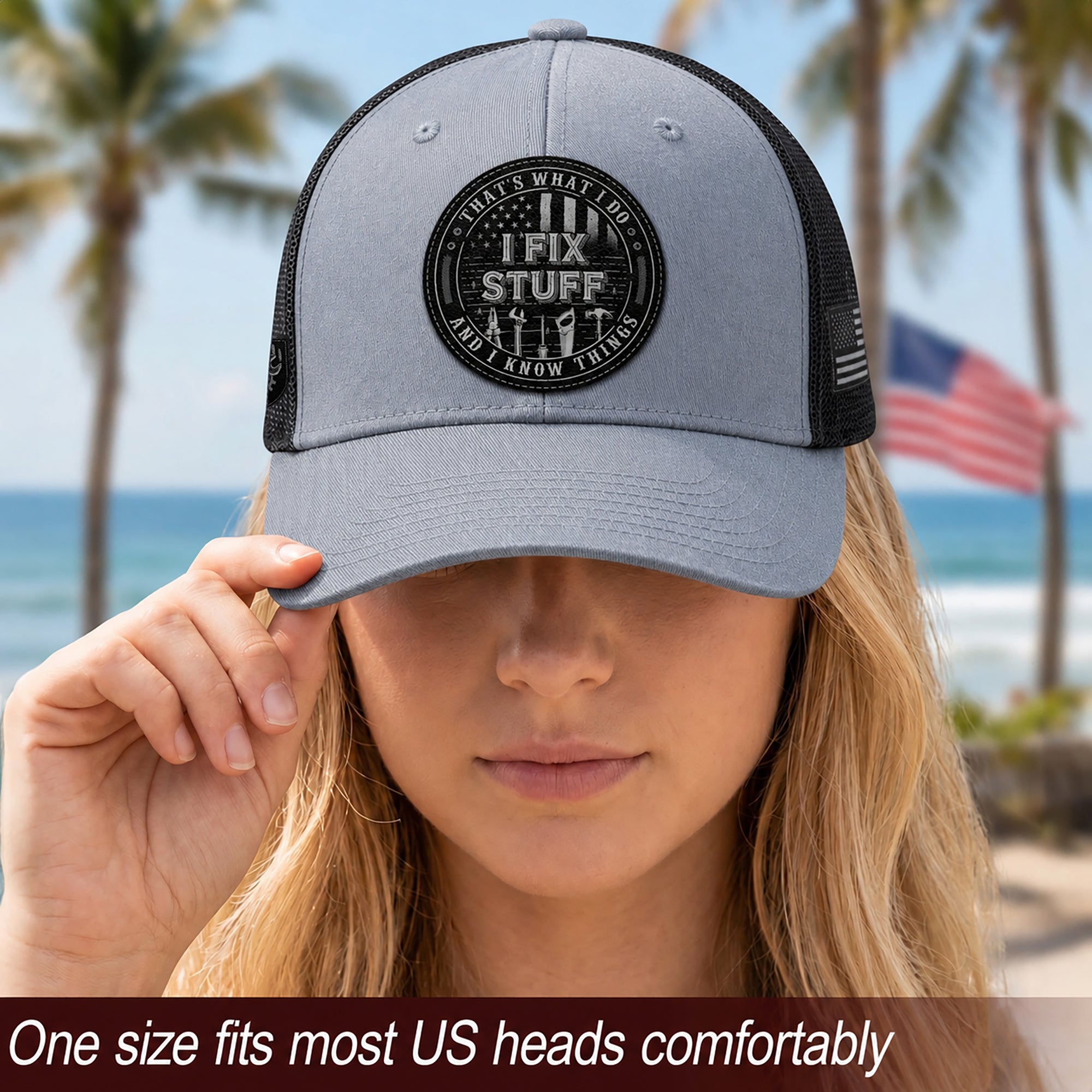 That's What I Do I Fix Stuff Round Patch Grey Trucker Hat Cool Handyman Gift Idea