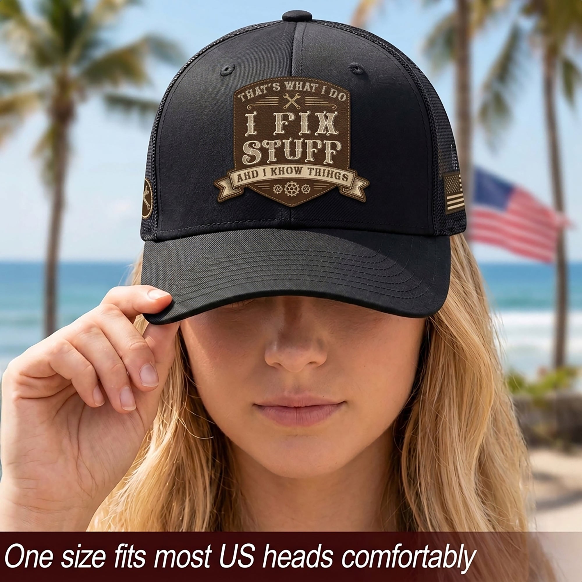 That's What I Do I Fix Stuff Shield Patch Black Trucker Hat Cool Handyman Gift Idea