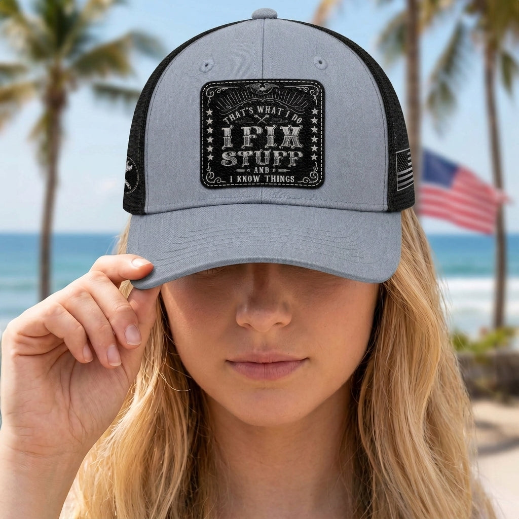 That's What I Do I Fix Stuff Vintage Patch Grey Trucker Hat Cool Handyman Gift Idea