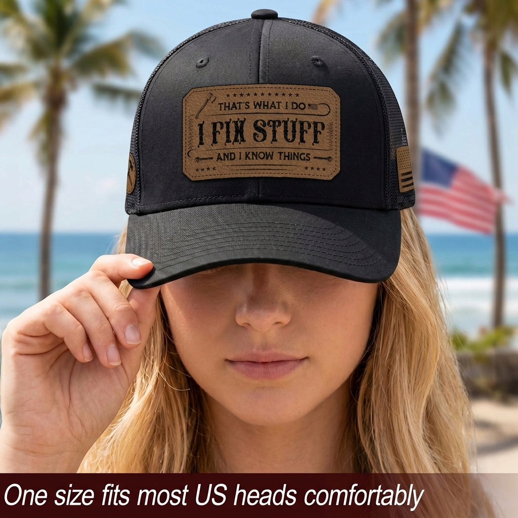 That's What I Do I Fix Stuff Leather Patch Black Trucker Hat Cool Handyman Gift Idea