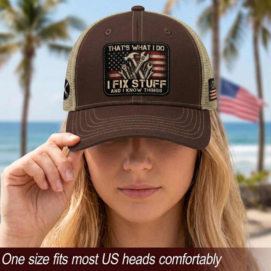 That's What I Do I Fix Stuff American Flag Brown Trucker Hat Cool Handyman Gift Idea