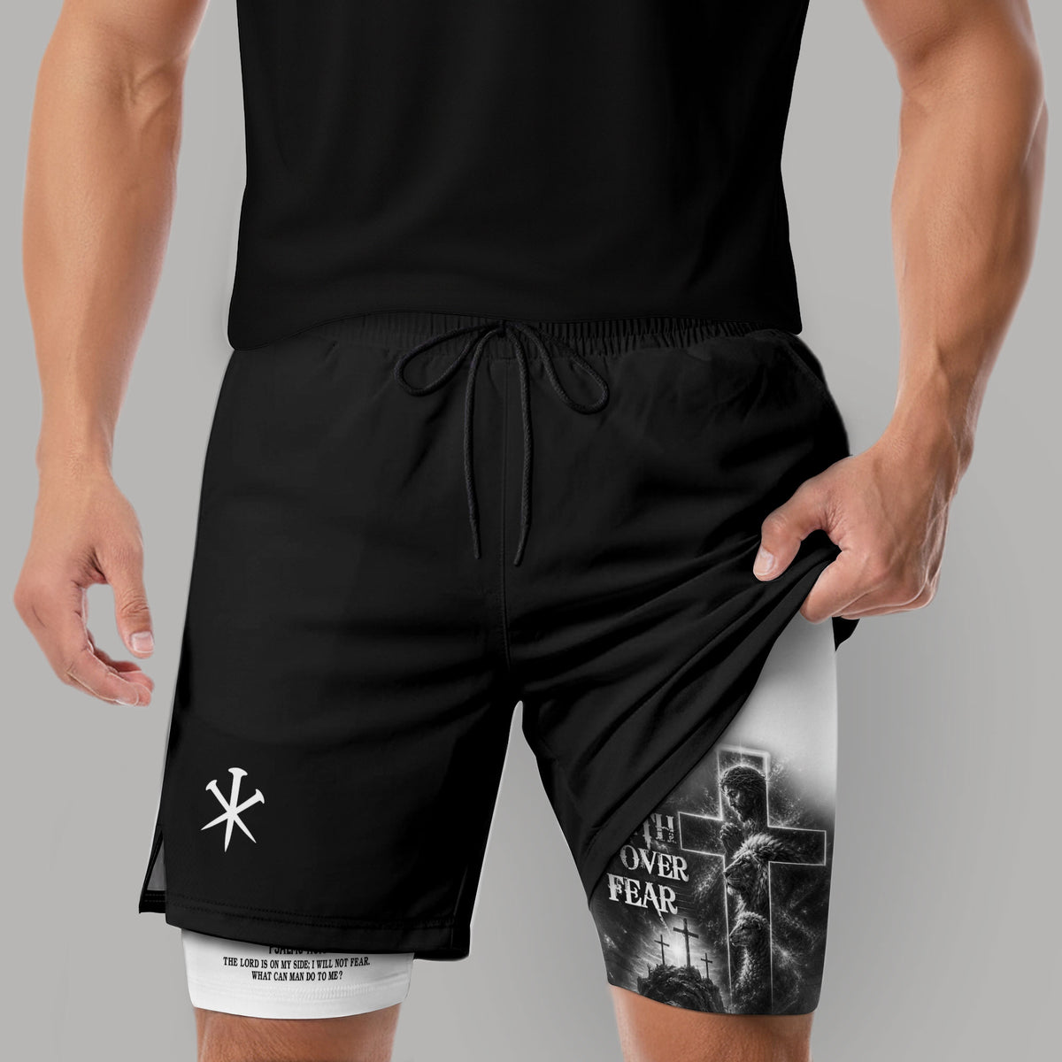 Faith Over Fear Double Layer Track Shorts Mens Christian Athletic Gym Shorts Cross Lion - Rust Field Wear