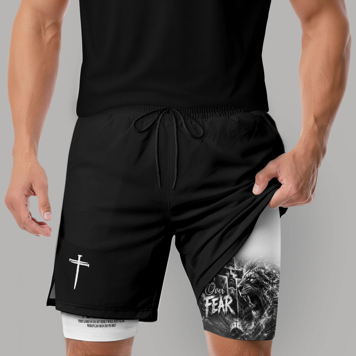 Mens Double Layer Track Shorts Faith Over Fear Christian Gym Workout Shorts Psalms 118:6 - Rust Field Wear