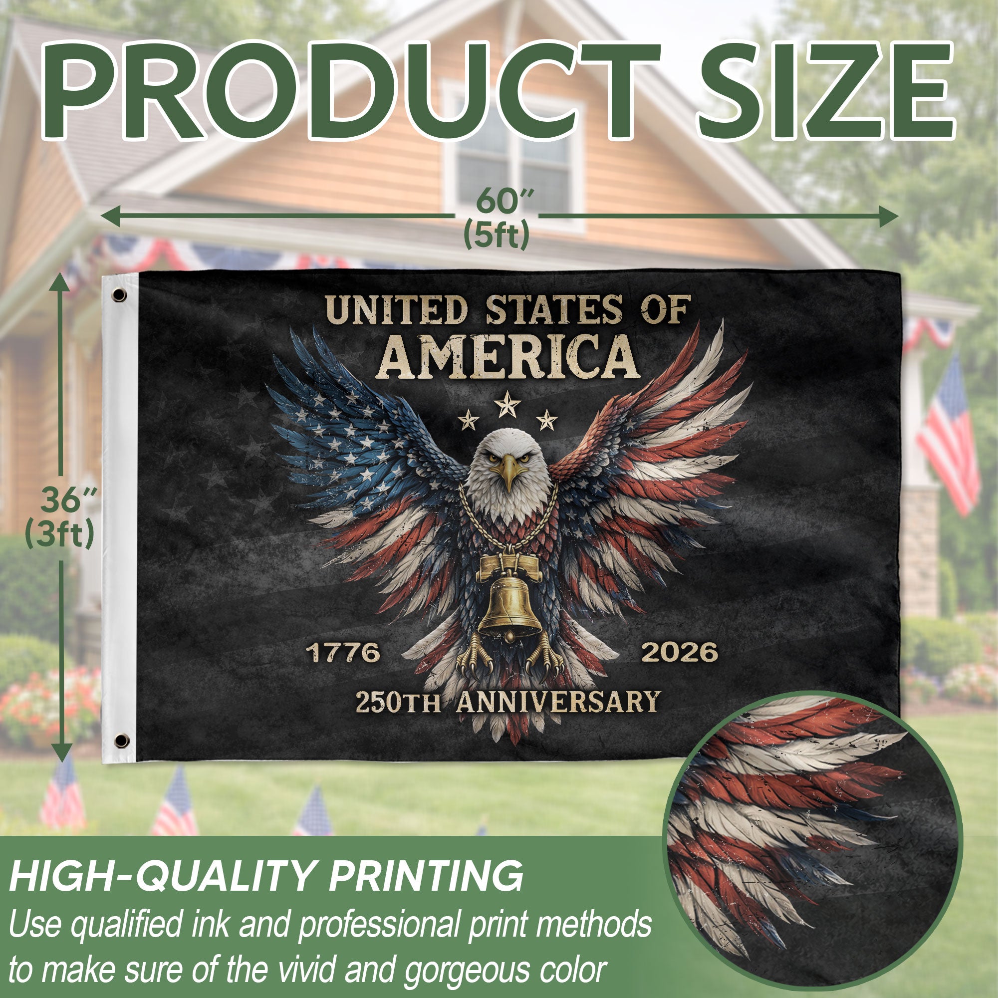 US 250th Anniversary Flag 3x5 ft Patriotic Eagle Liberty Bell 1776-2026 American Banner - Rust Field Wear