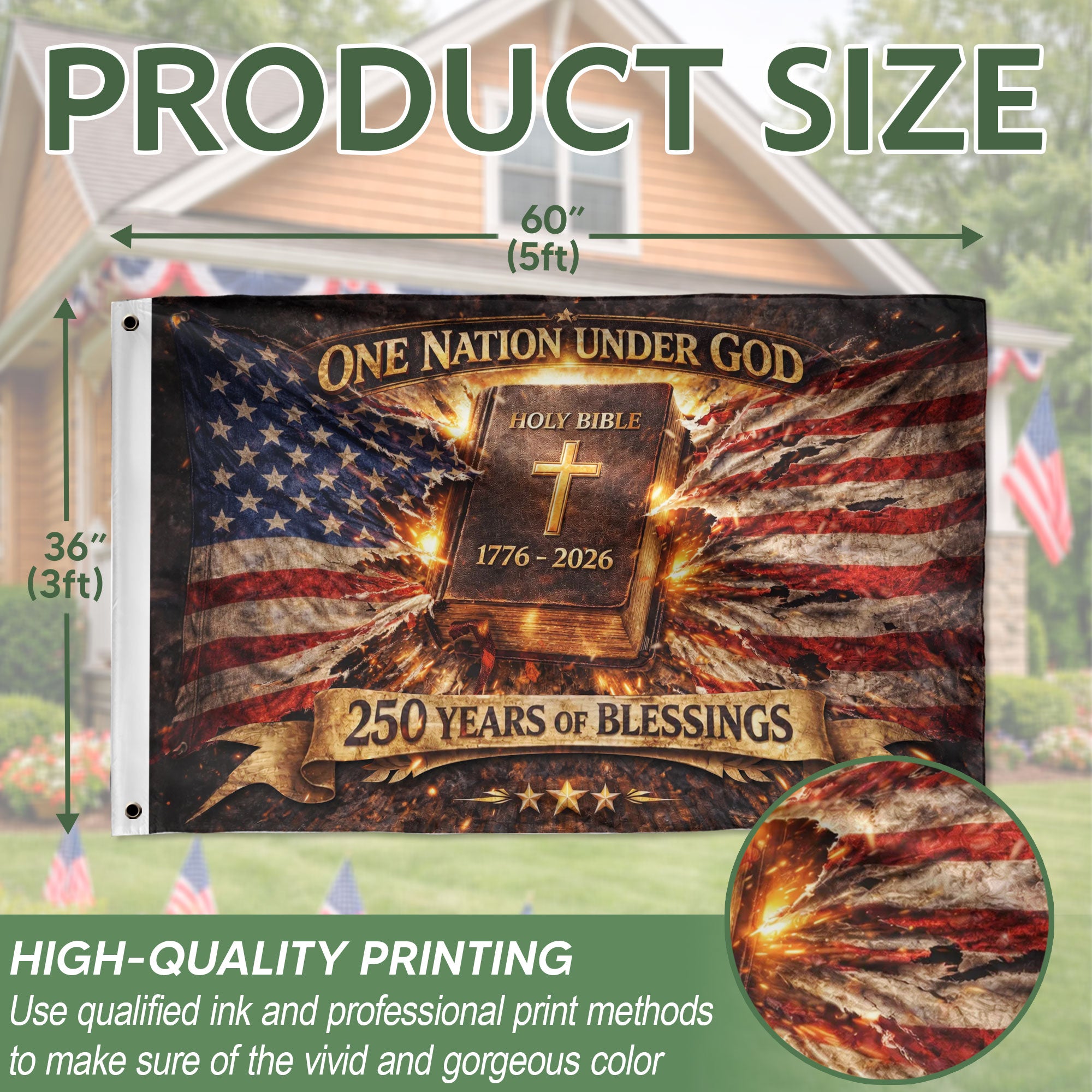 1776–2026 Christian Patriotic House Flag, One Nation Under God, USA 250th Anniversary 3x5ft