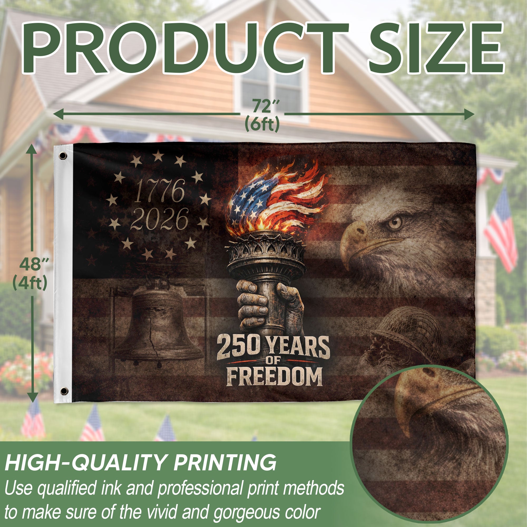 250 Years of Freedom Double-Sided Patriotic Décor with Eagle Design 1776–2026 House Flag - Rust Field Wear