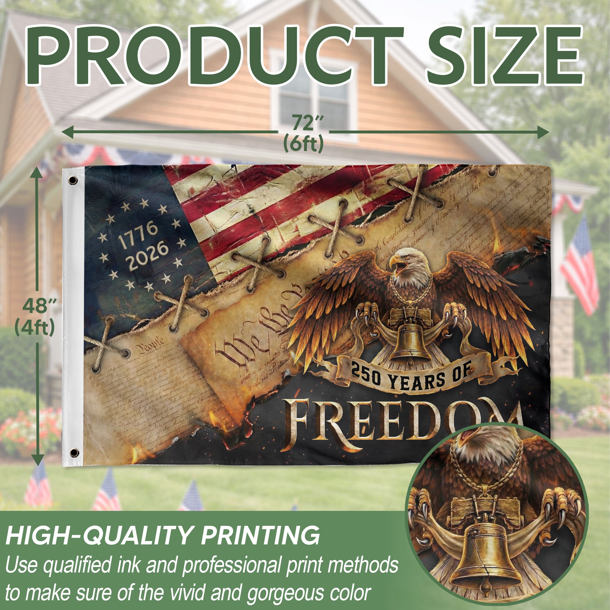 250 Years of Freedom Double-Sided House Flag, USA 250th Anniversary Patriotic American Eagle Flag