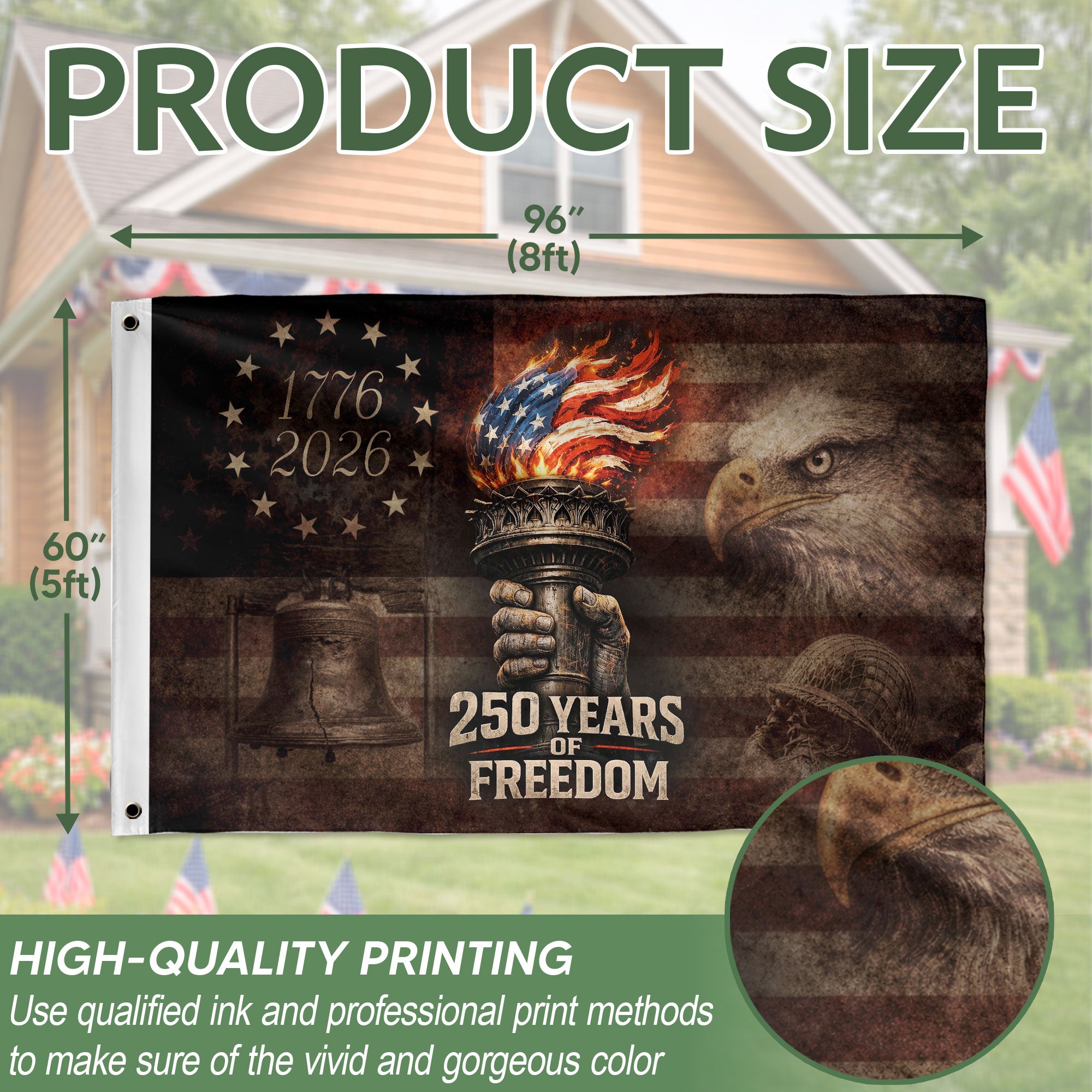 250 Years of Freedom Double-Sided Patriotic Décor with Eagle Design 1776–2026 House Flag - Rust Field Wear