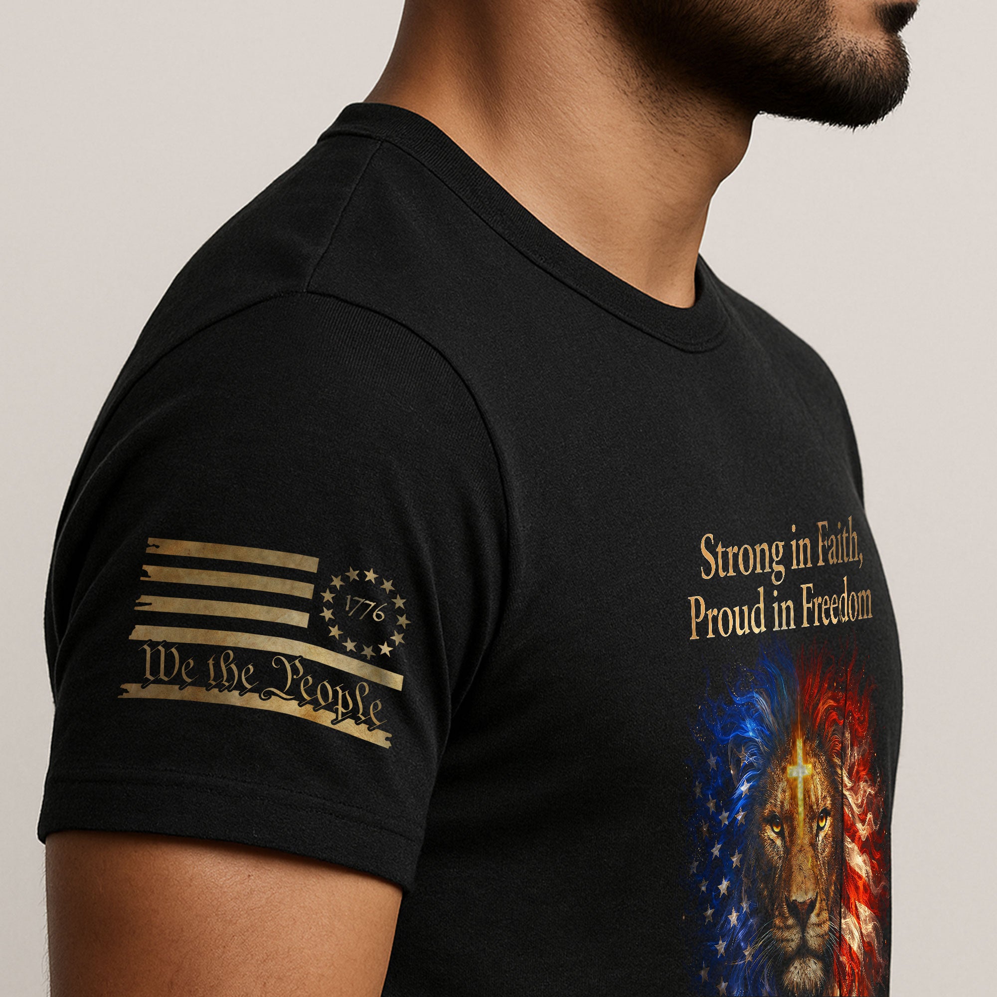 America 250th Anniversary T-Shirt 1776-2026 – Strong in Faith Proud in Freedom Lion & Cross Patriotic Tee