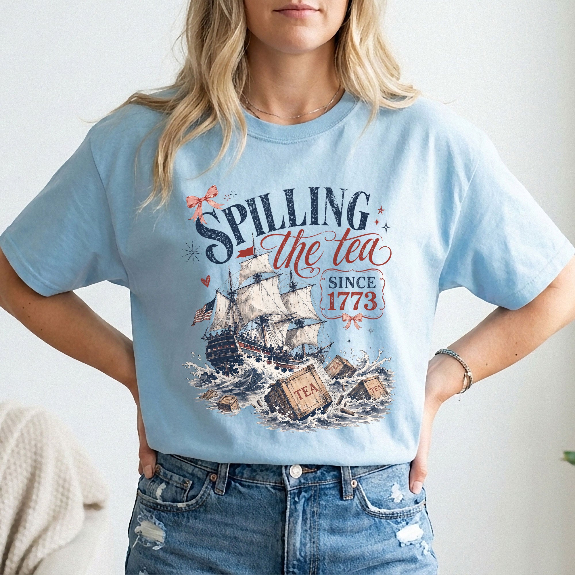 Spilling The Tea Since 1773 Shirt Cute Coquette Bow Graphic Tee Boston Tea Party Top