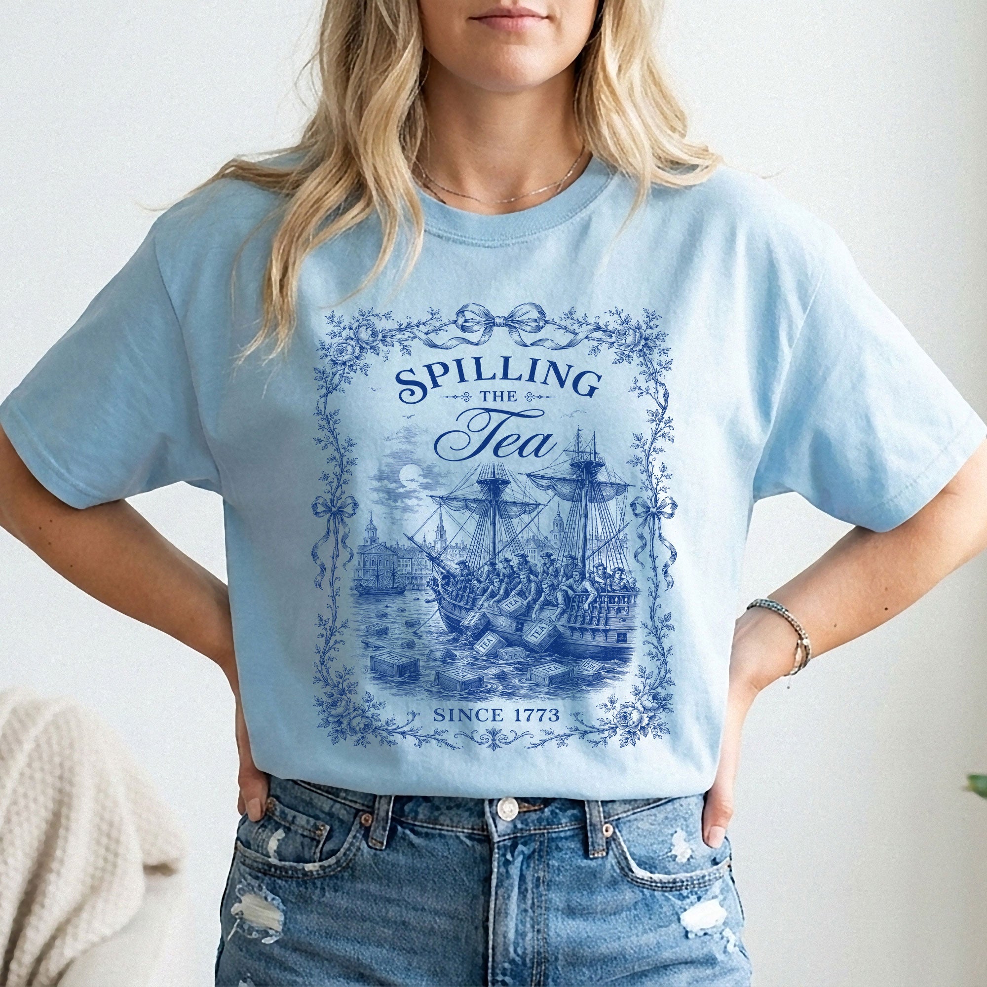 Spilling The Tea Since 1773 Shirt Vintage Blue Floral Tee Classic Boston Tea Party Top