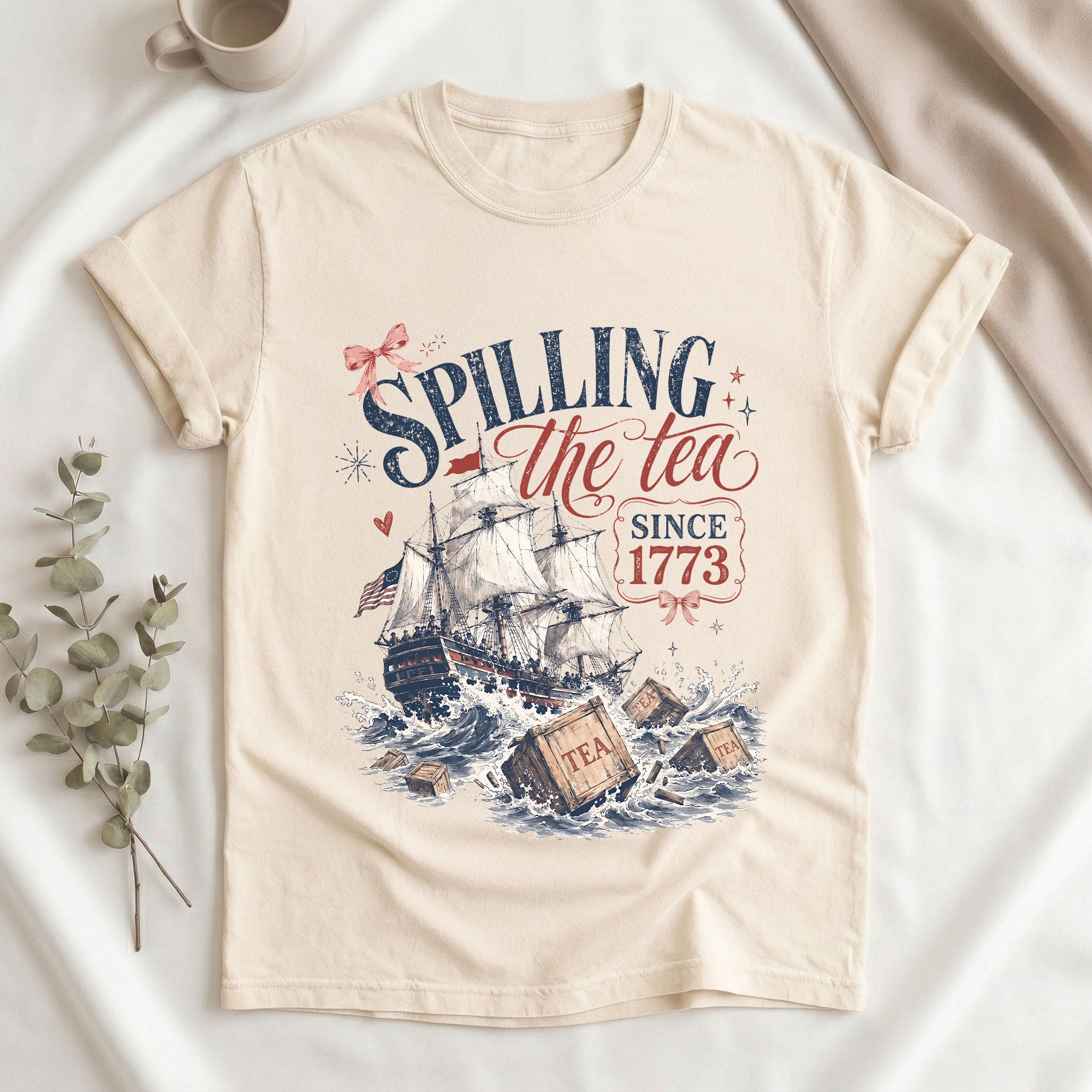Spilling The Tea Since 1773 Shirt Cute Coquette Bow Graphic Tee Boston Tea Party Top