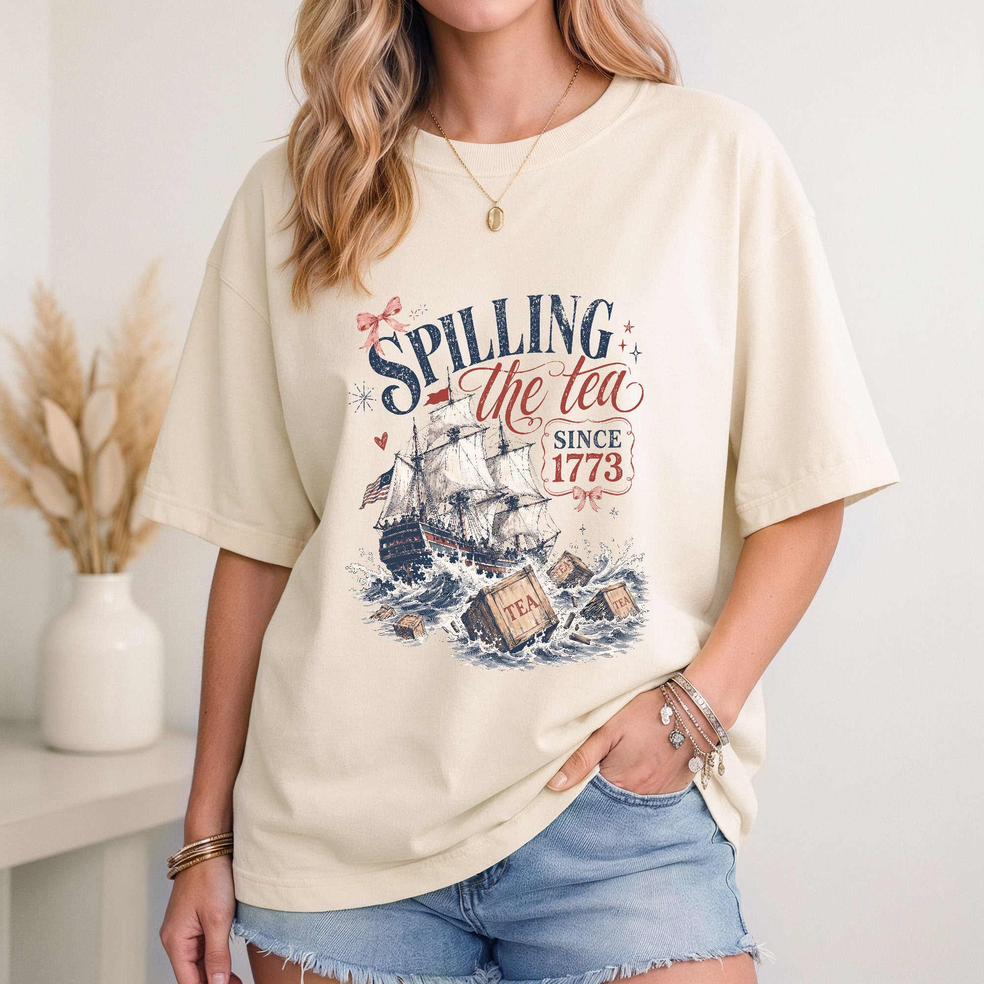 Spilling The Tea Since 1773 Shirt Cute Coquette Bow Graphic Tee Boston Tea Party Top