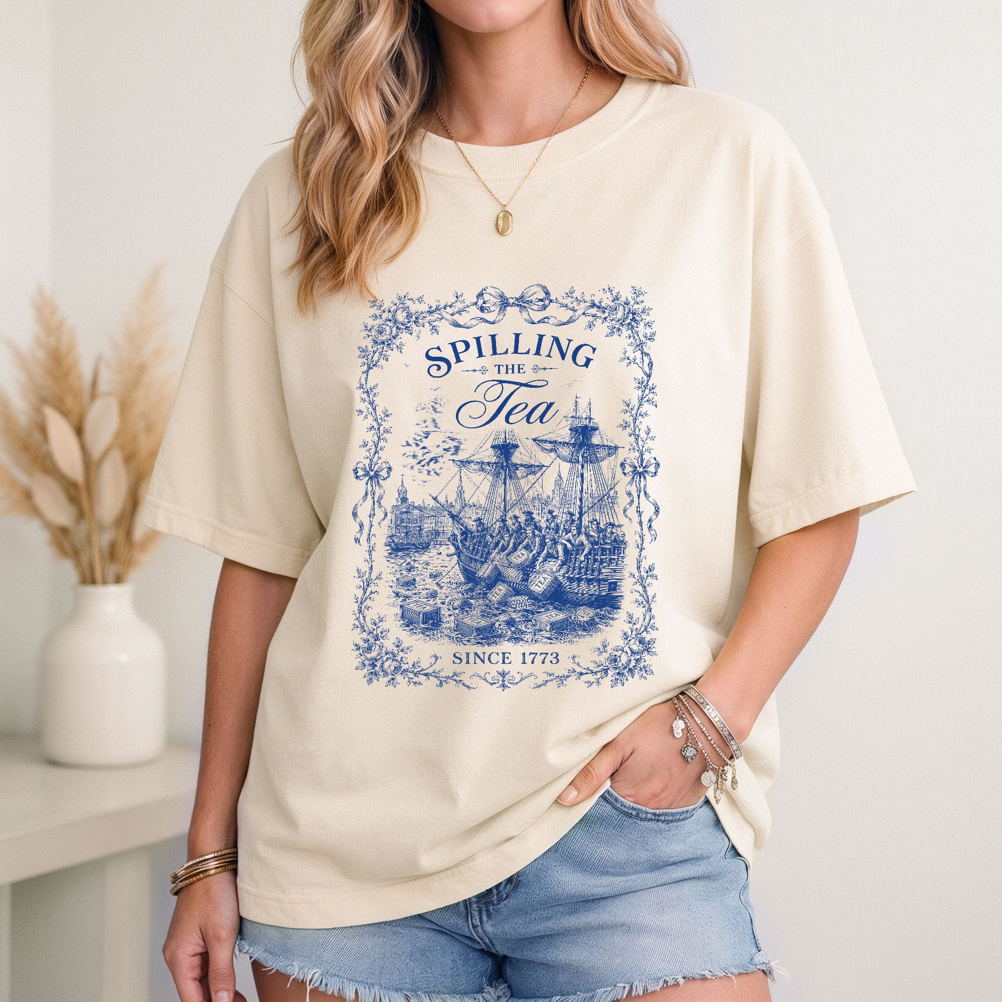 Spilling The Tea Since 1773 Shirt Vintage Blue Floral Tee Classic Boston Tea Party Top