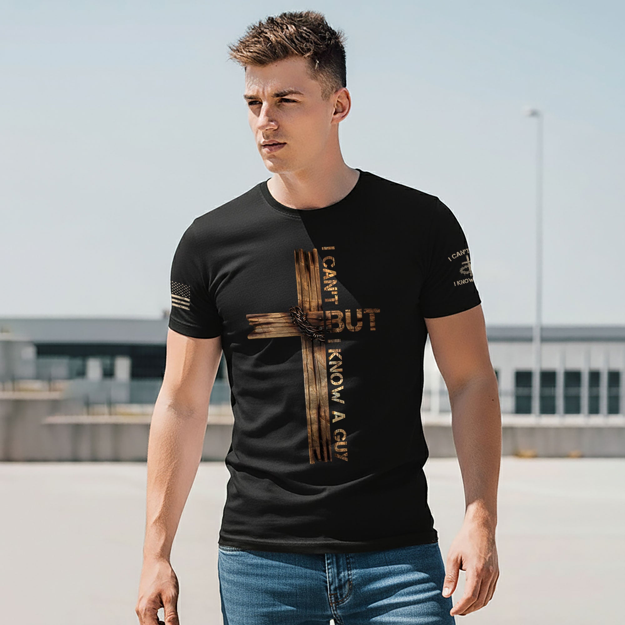 I Can’t But I Know a Guy T-Shirt – Bold Christian Cross Shirt for Men