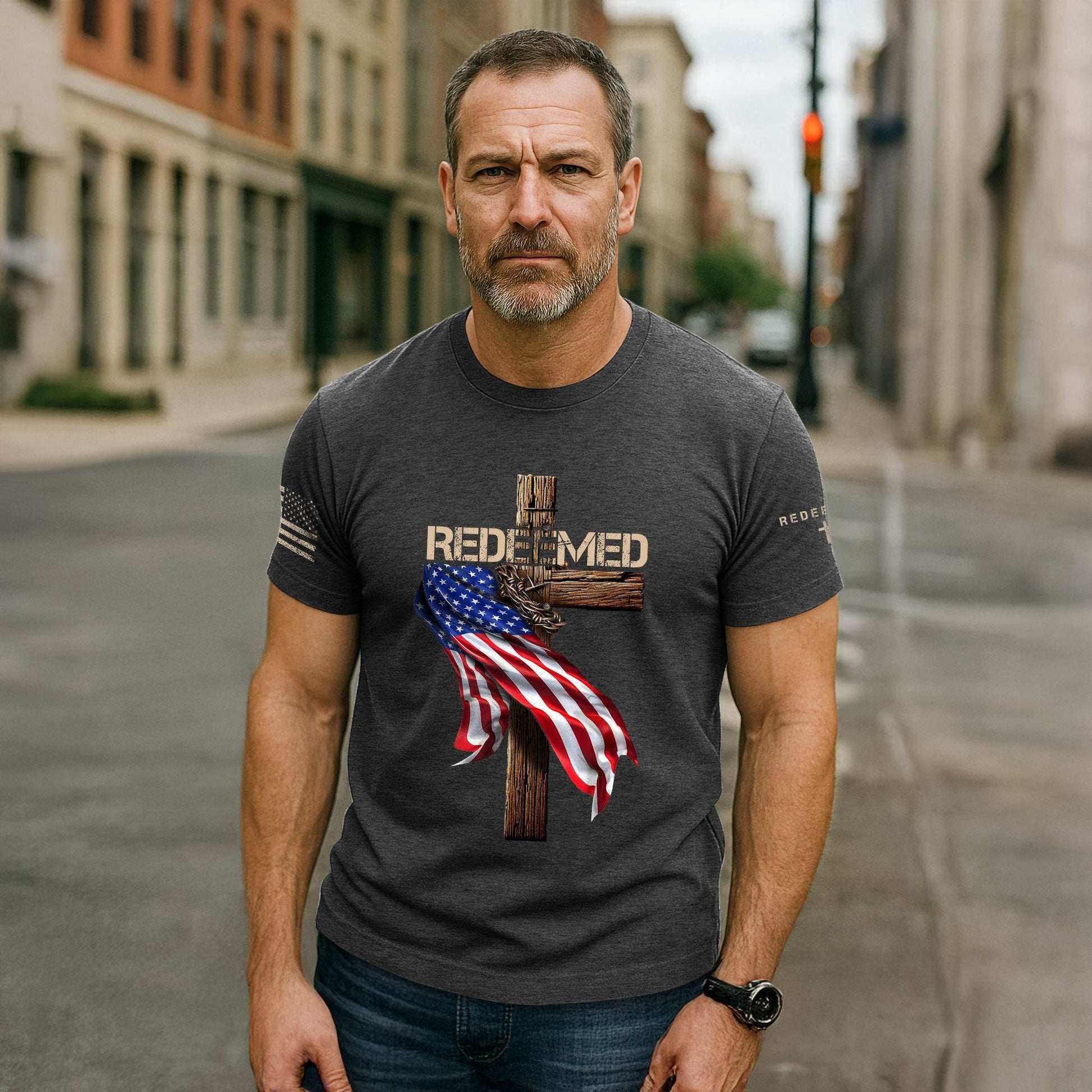 Redeemed by Christ T-Shirt – American Flag Cross - Rust Field Wear