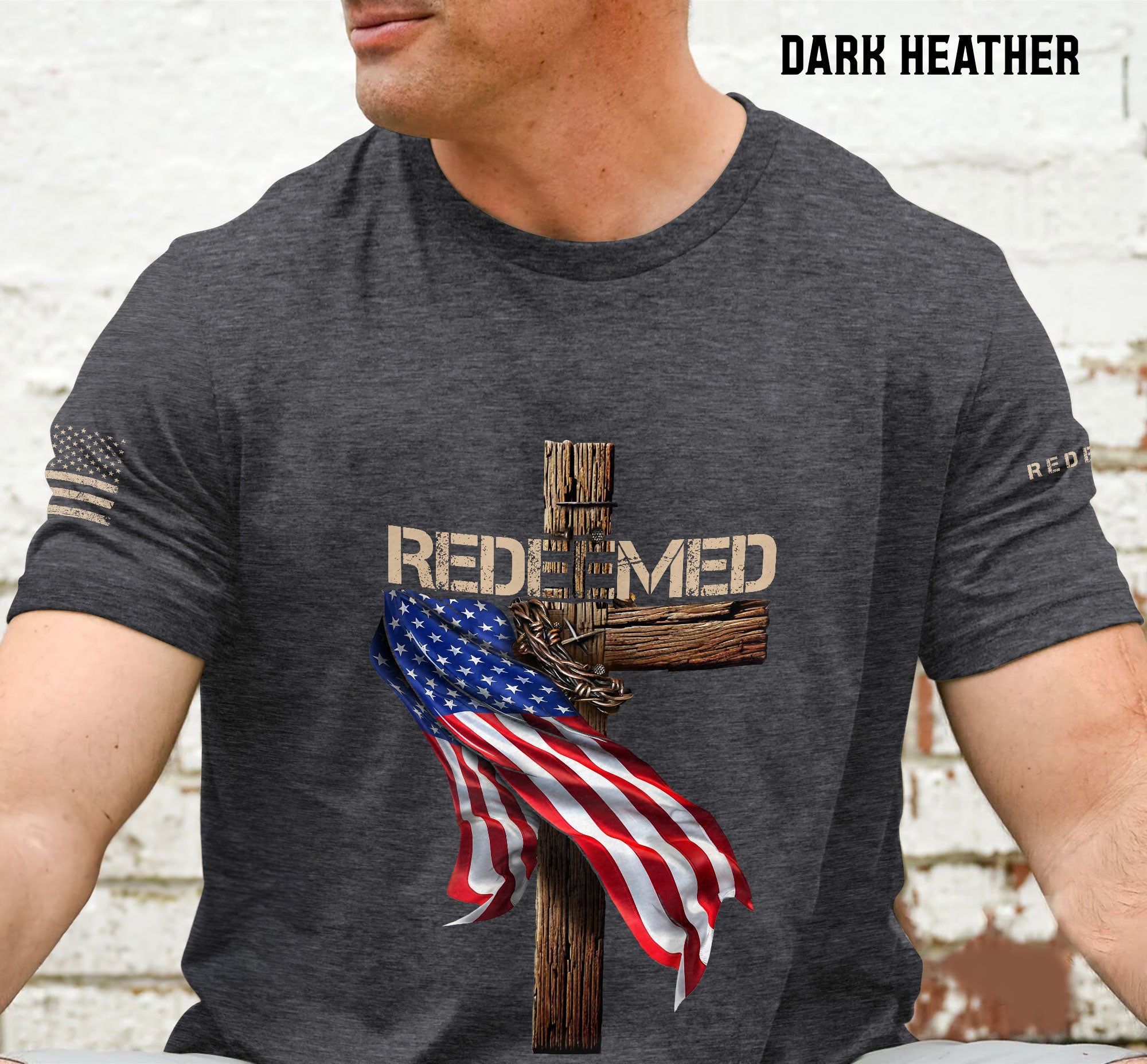 Redeemed by Christ T-Shirt – American Flag Cross