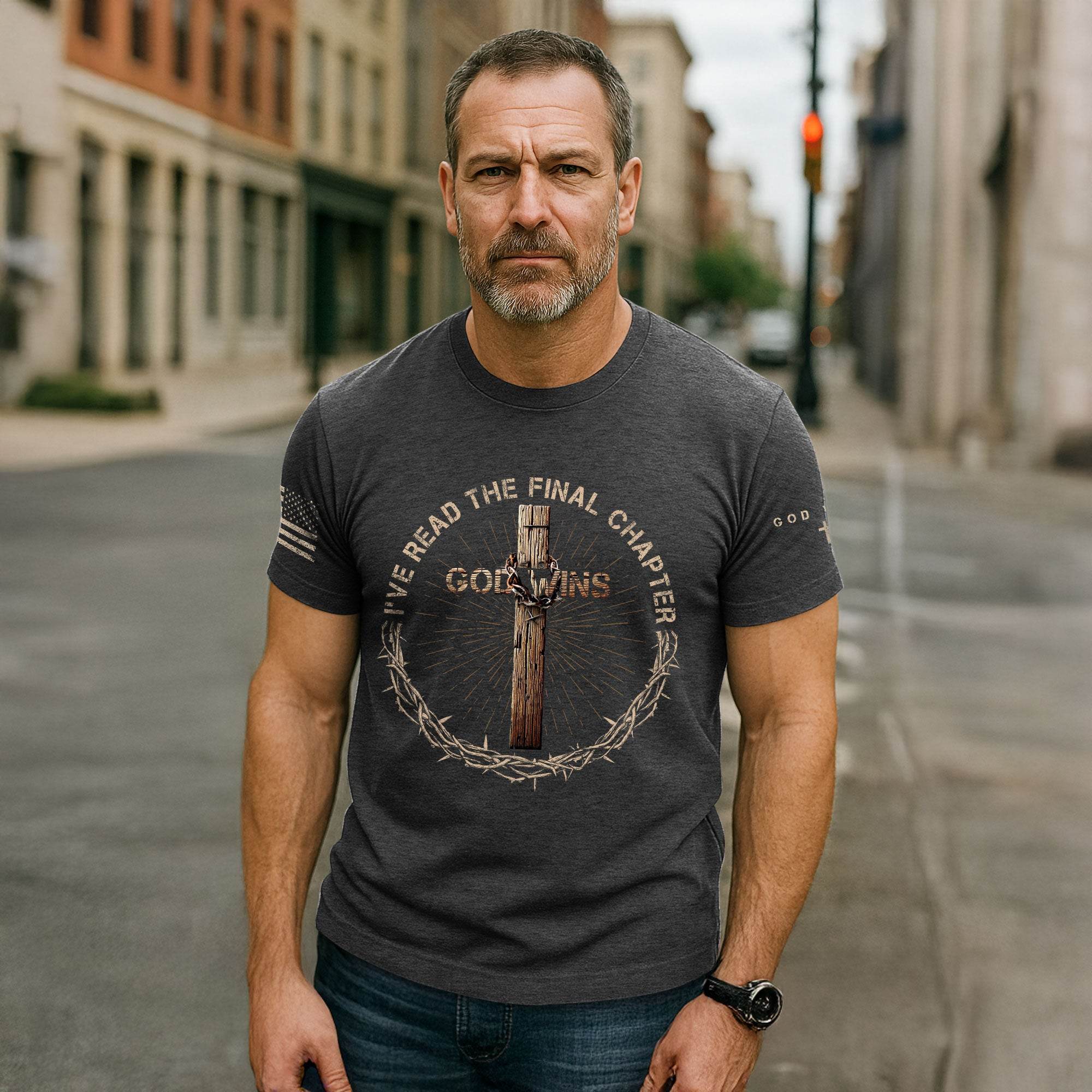 God Wins Cross & Crown Of Thorns Christian T-shirt - Rust Field Wear