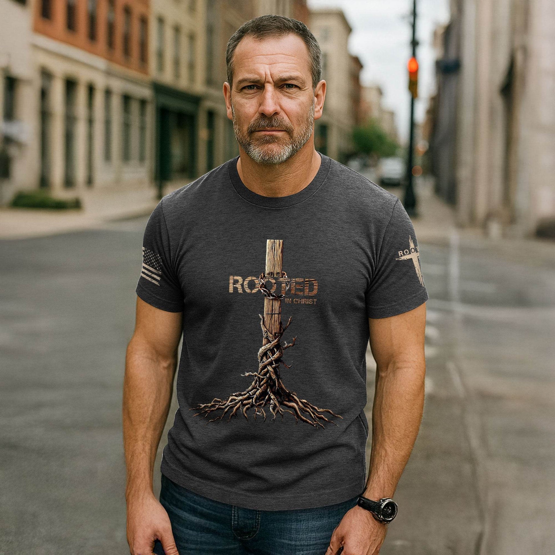 Rooted in Christ Cross & Roots Christian T-Shirt - Rust Field Wear