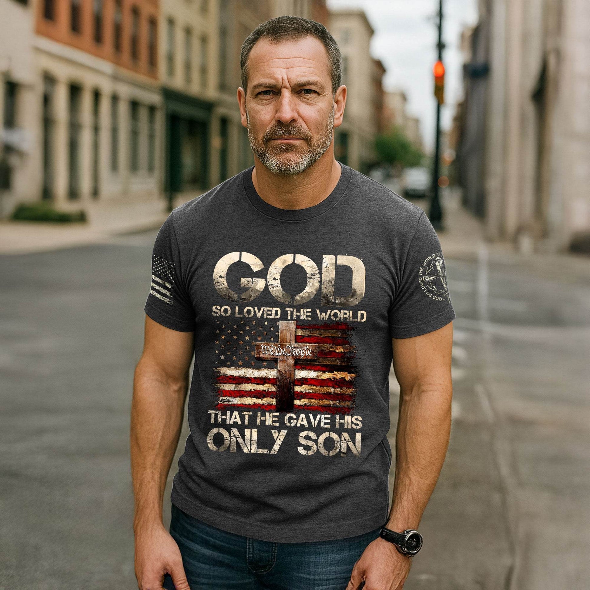 God So Loved The World T-Shirt – Only Son Cross & Flag - Rust Field Wear