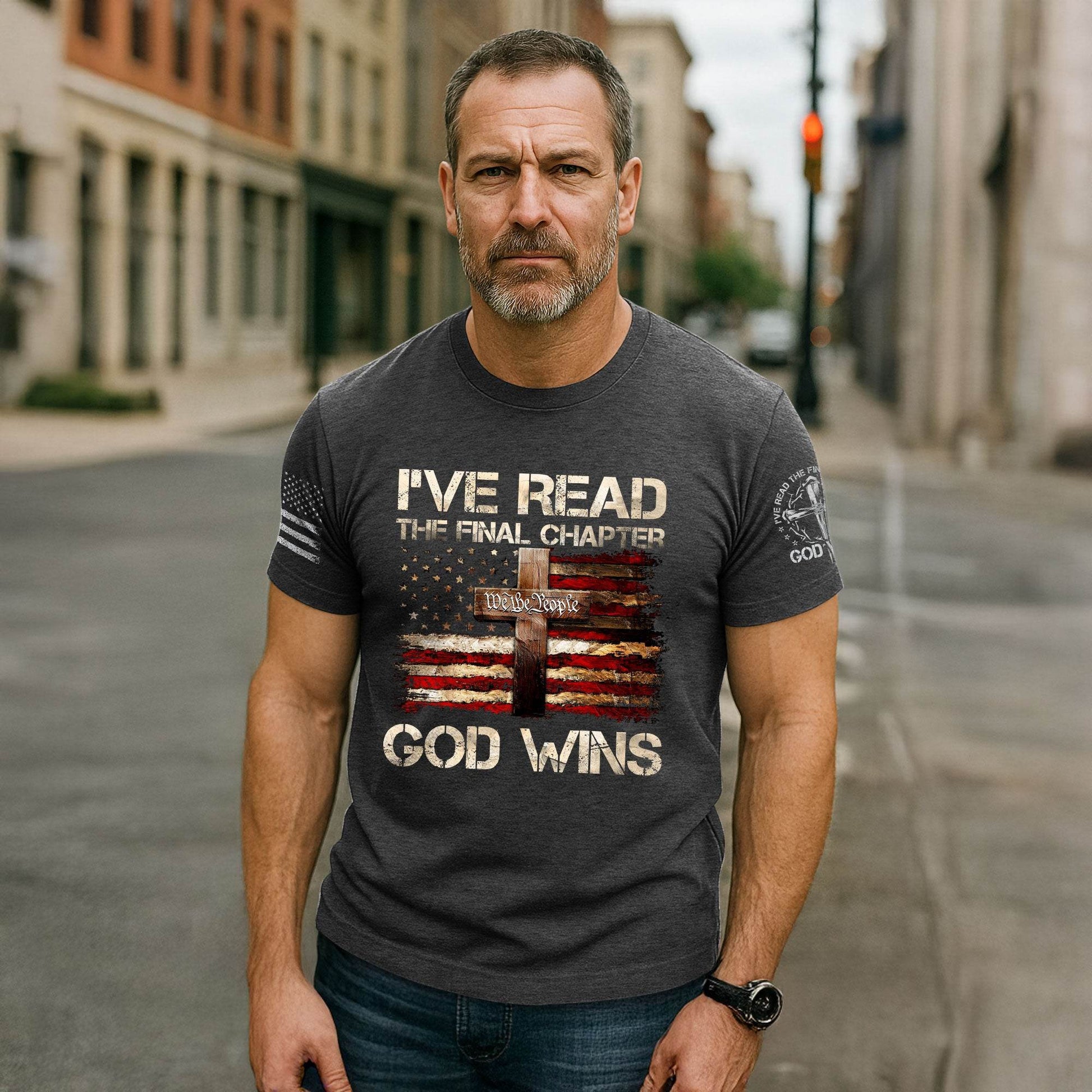 God Wins Christian American Flag Cross T-shirt - Rust Field Wear