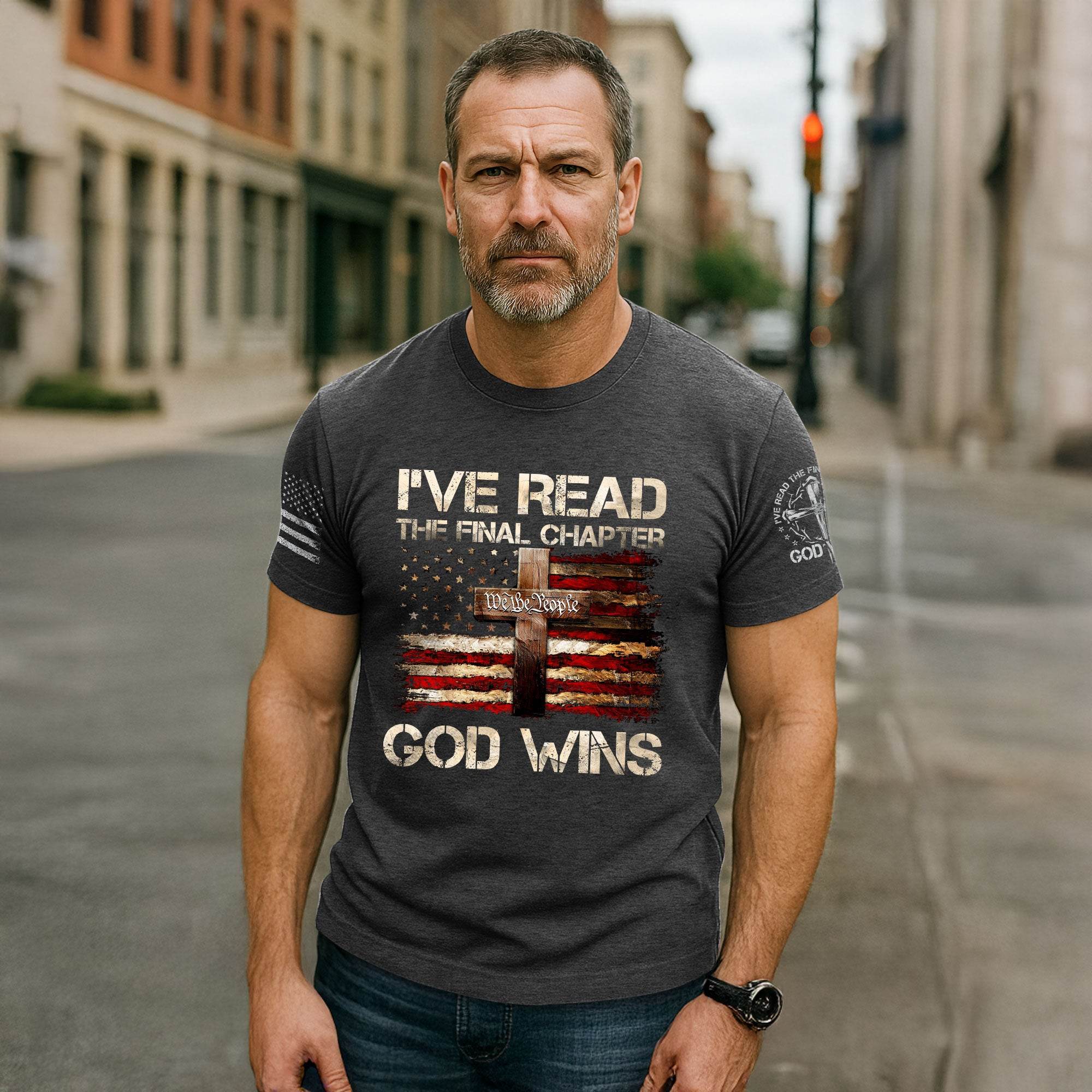 God Wins Christian American Flag Cross T-shirt - Rust Field Wear