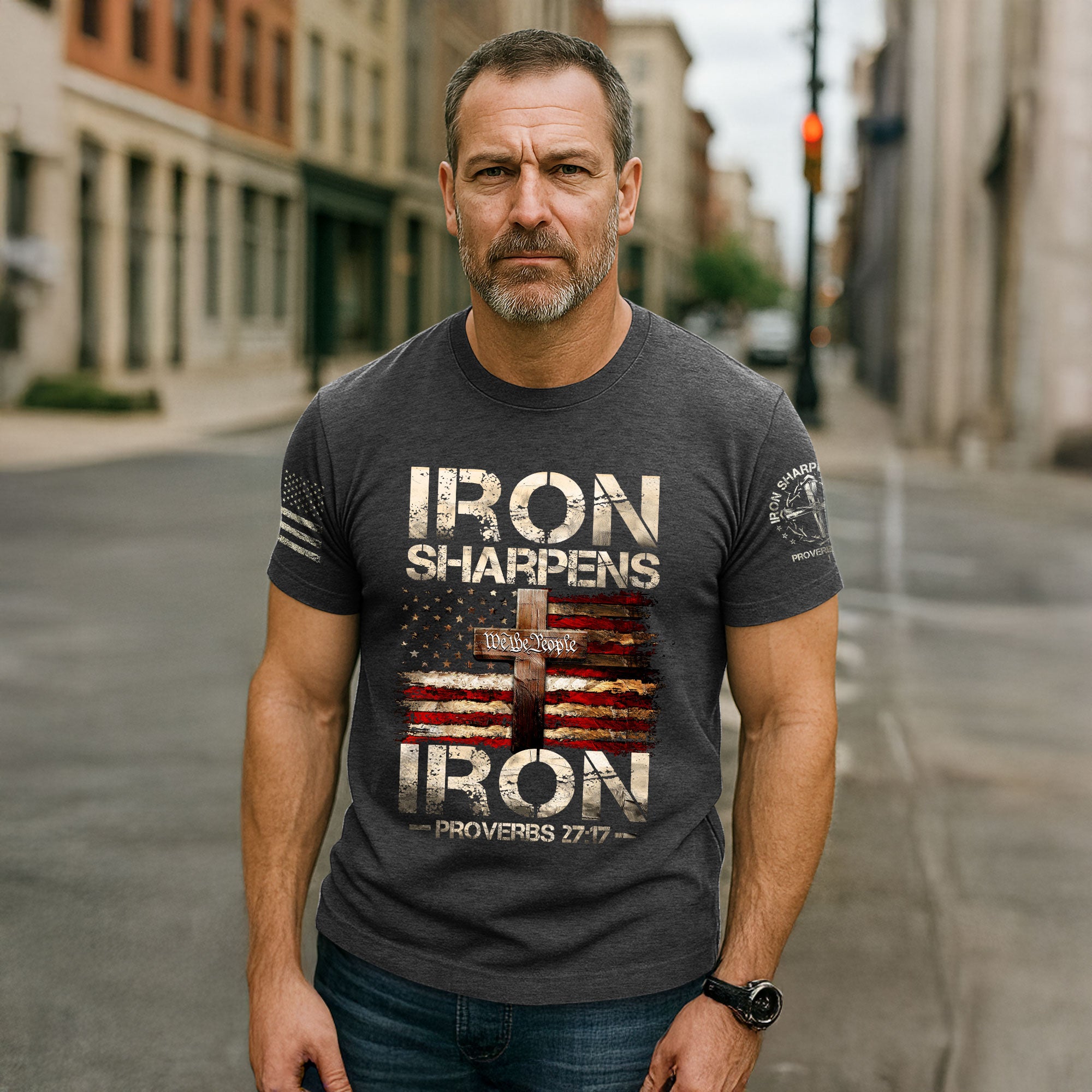 Iron Sharpens Iron T-Shirt – Proverbs 27:17 Patriotic Christian Tee