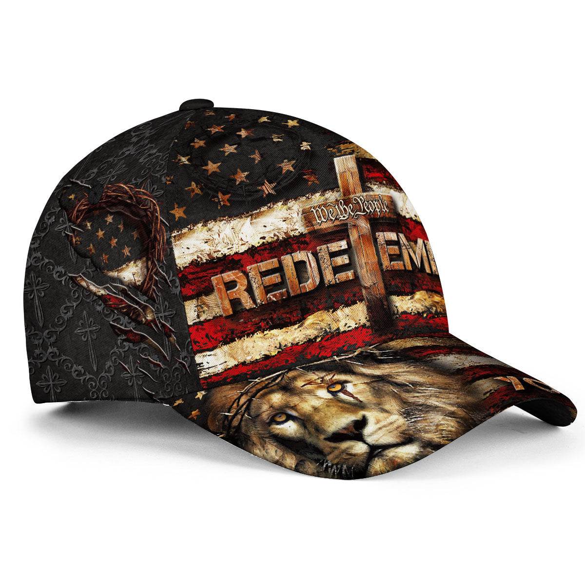 REDEEMED Custom American Flag Christian Cap – Lion of Judah & Cross Design - Rust Field Wear