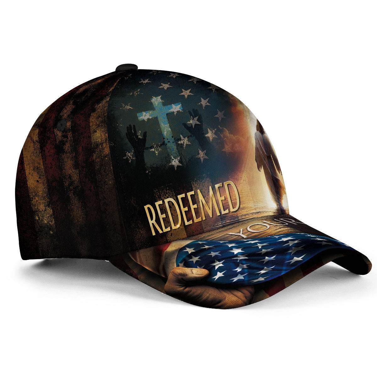 Redeemed in His Light – Christian Jesus Cross Custom Cap with American Flag - Rust Field Wear