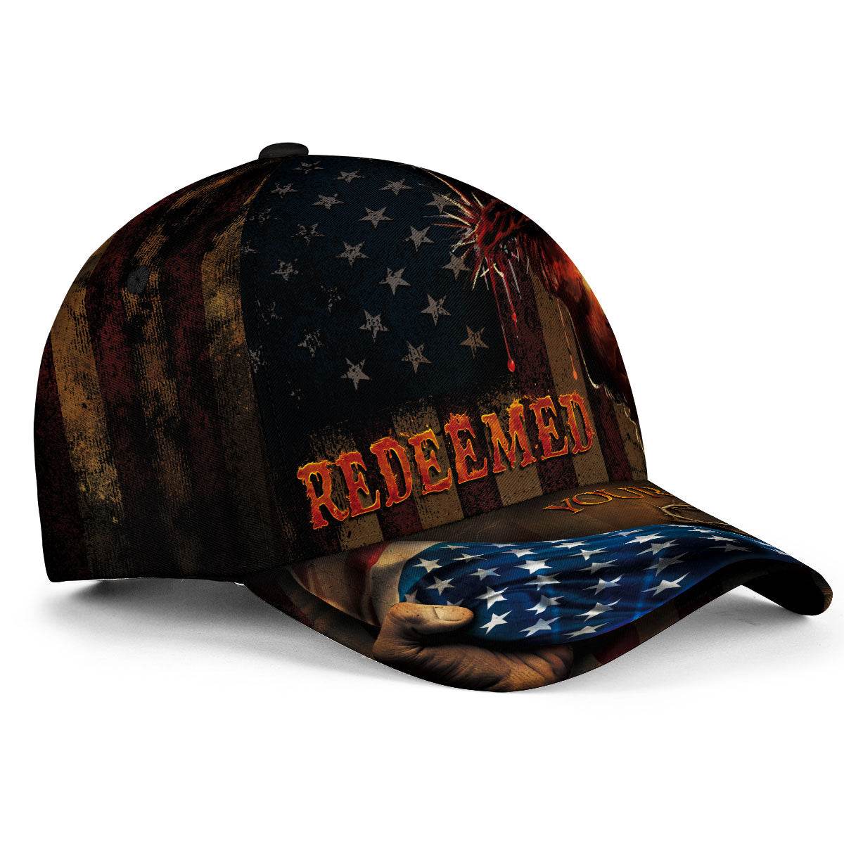 Redeemed by the Blood – Christian Flag Custom Cap with Cross & Christ Silhouette - Rust Field Wear