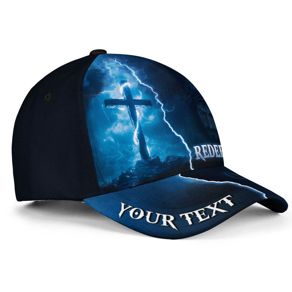 REDEEMED Cross & Christ Cap – Stormy Blue Christian Hat with Custom Text - Rust Field Wear