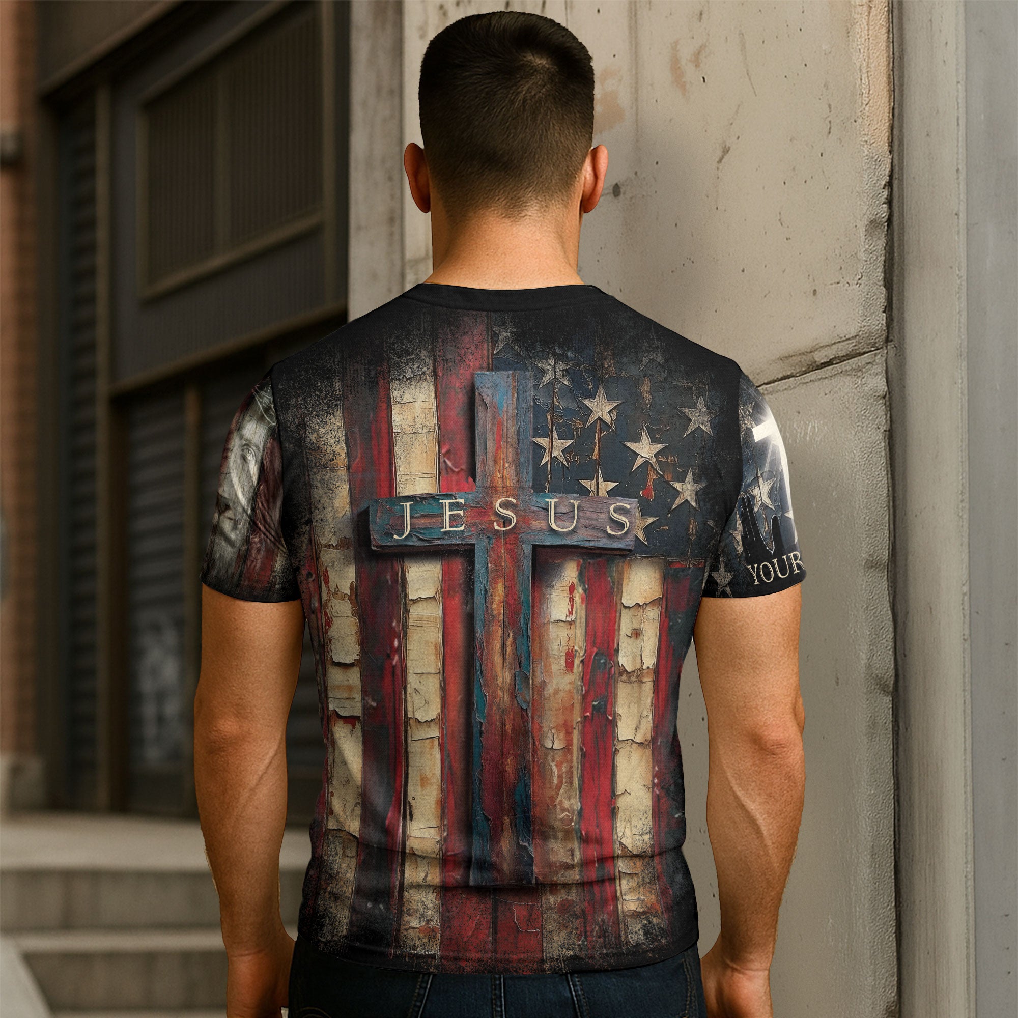 Custom Faith Over Fear Cross Shirt – Rustic American Flag Christian Tee