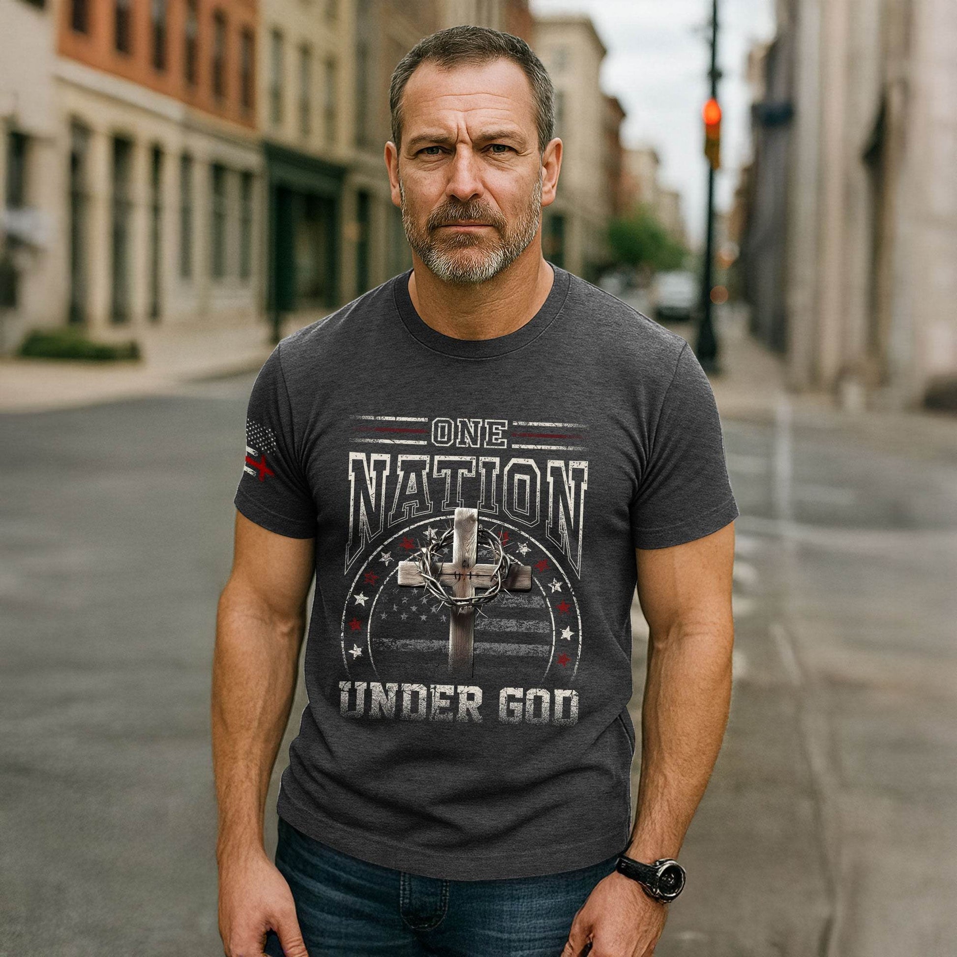 One Nation Under God Cross & American Flag T-Shirt - Rust Field Wear