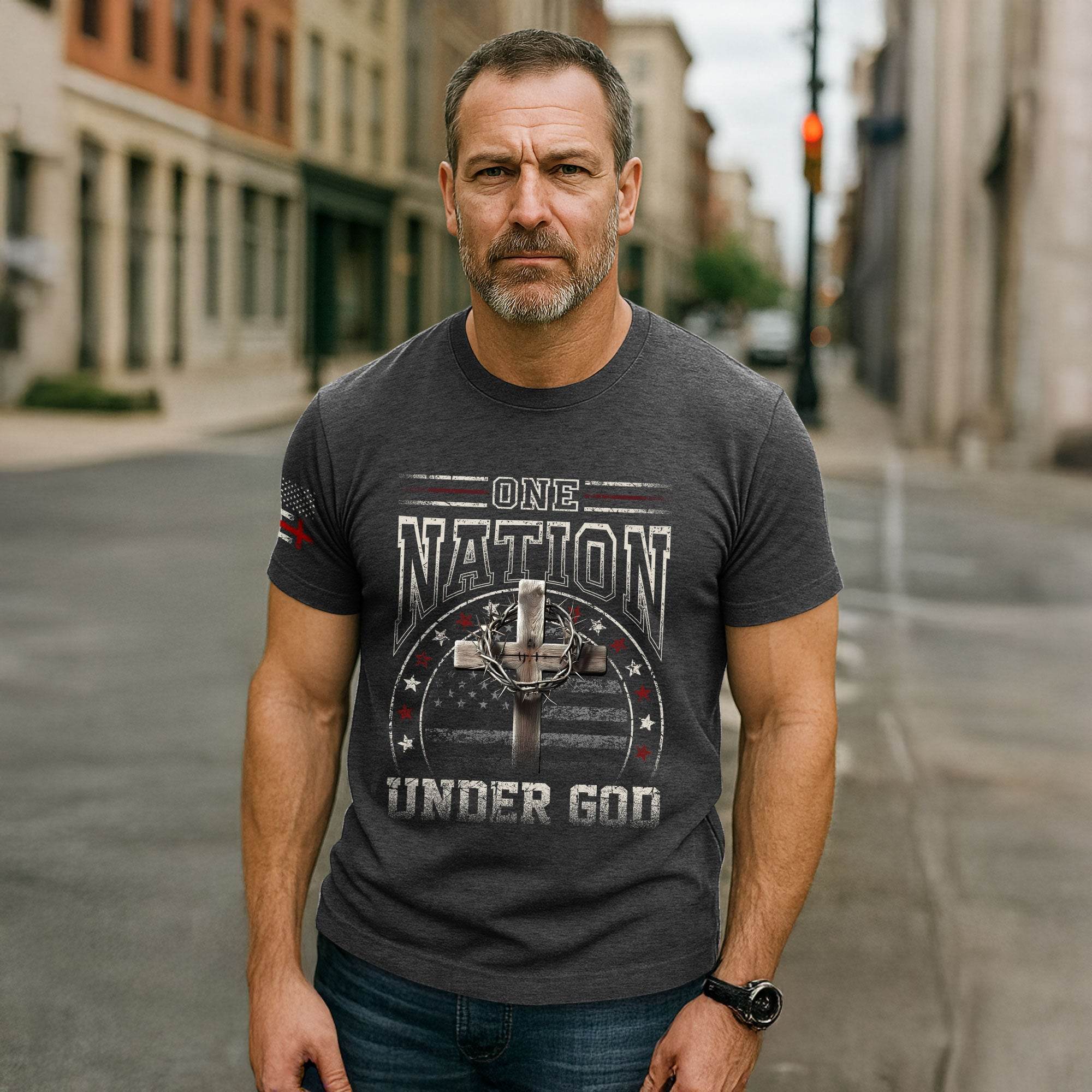One Nation Under God Cross & American Flag T-Shirt - Rust Field Wear