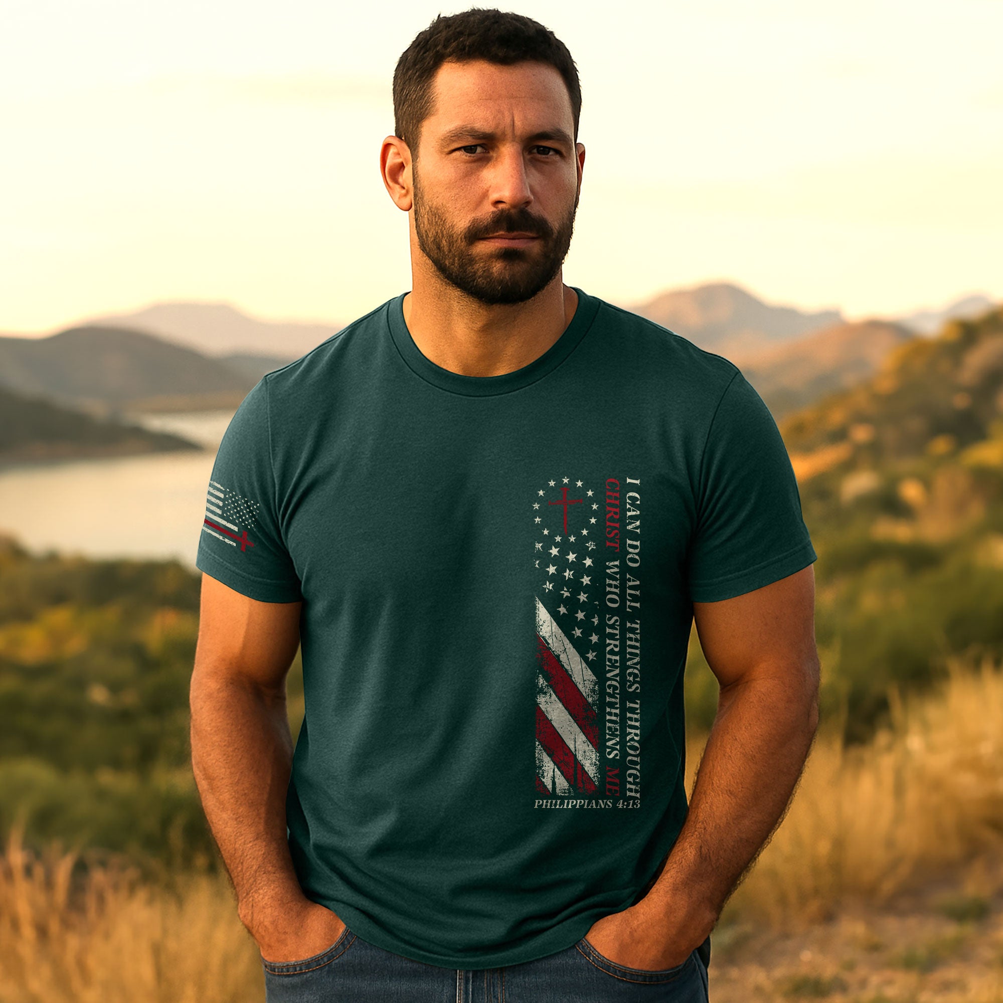 Philippians 4:13 Shirt – I Can Do All Things Through Christ American Flag Tee