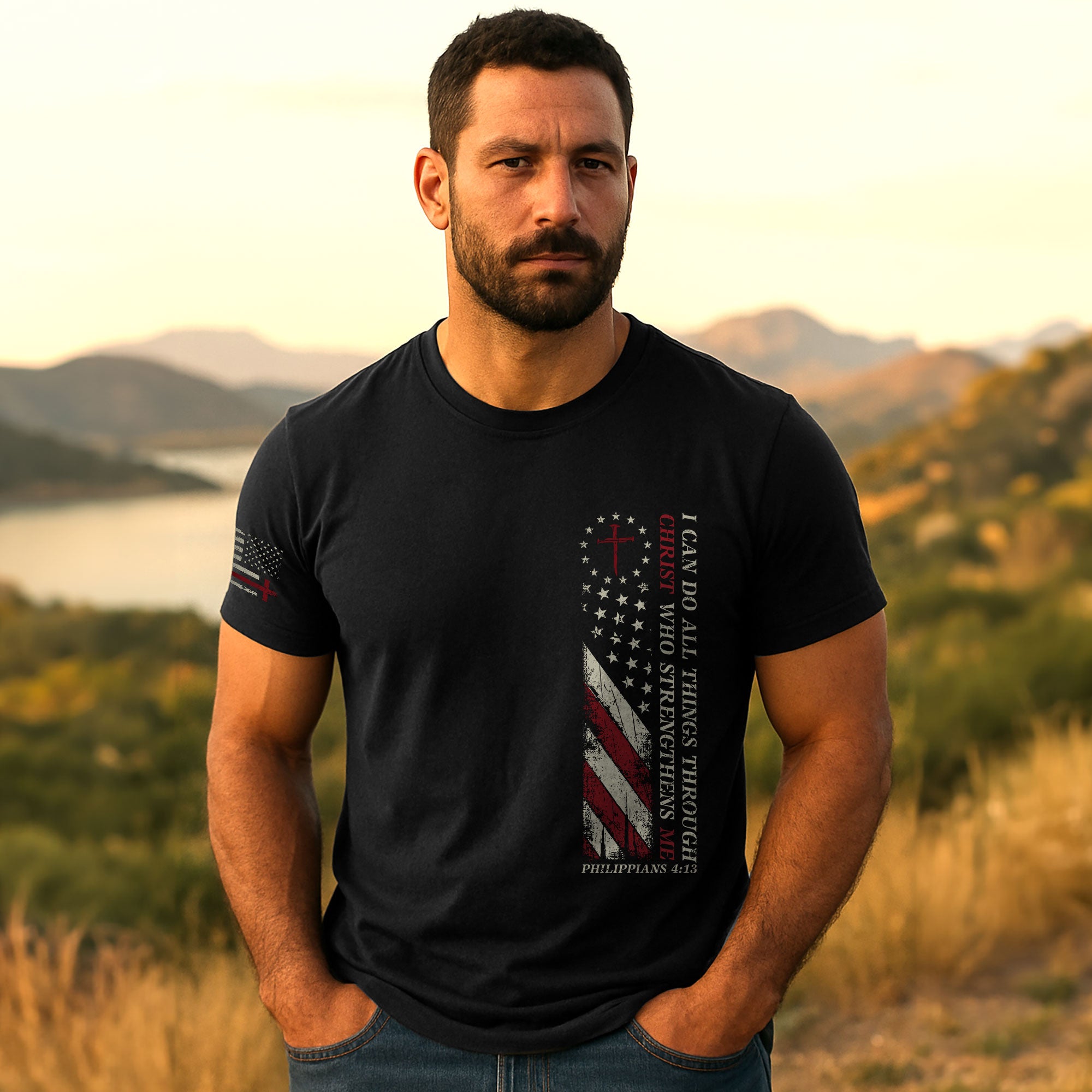 Philippians 4:13 Shirt – I Can Do All Things Through Christ American Flag Tee