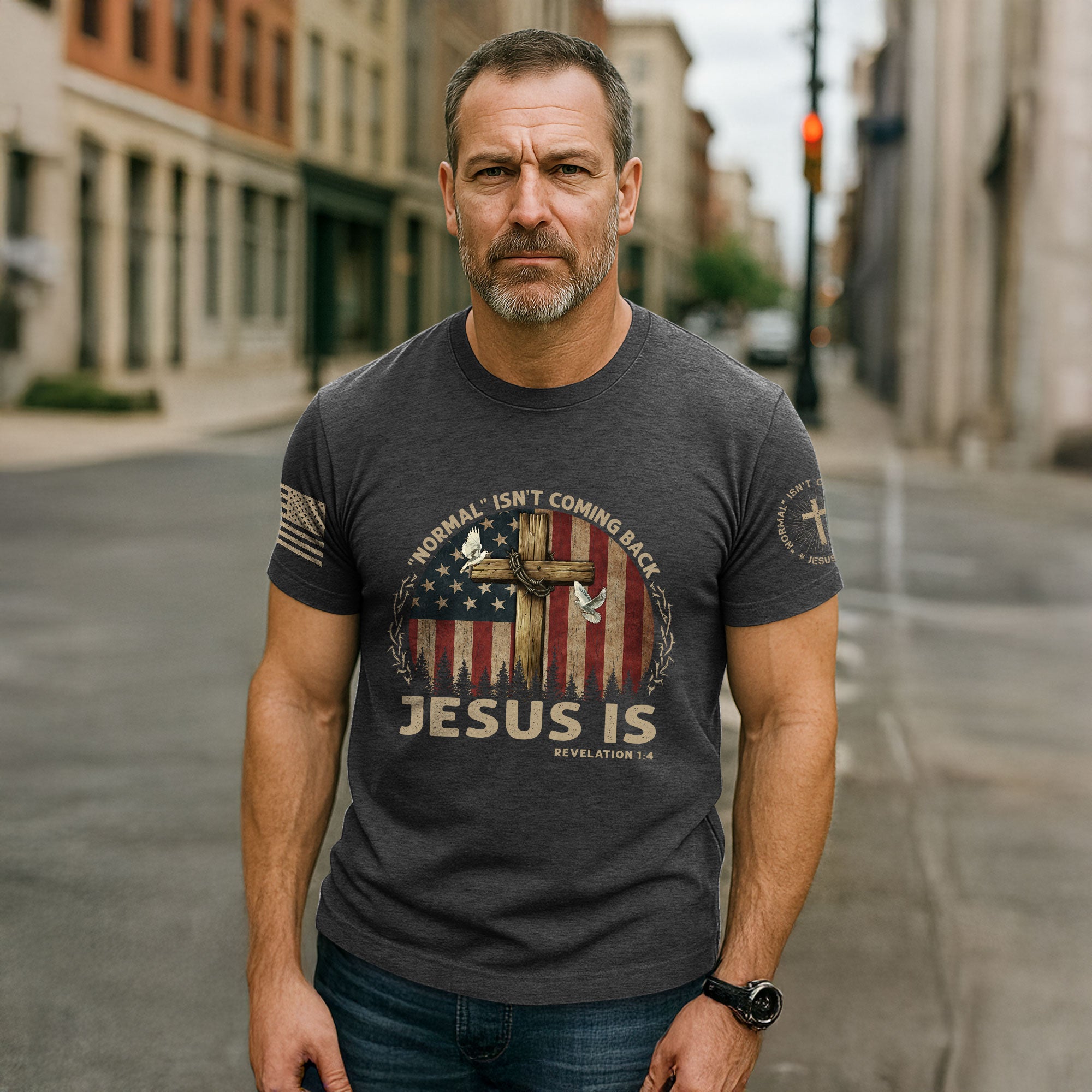 Jesus Is Coming Shirt – “Normal Isn’t Coming Back” Revelation 1:4 USA Flag Cross Tee