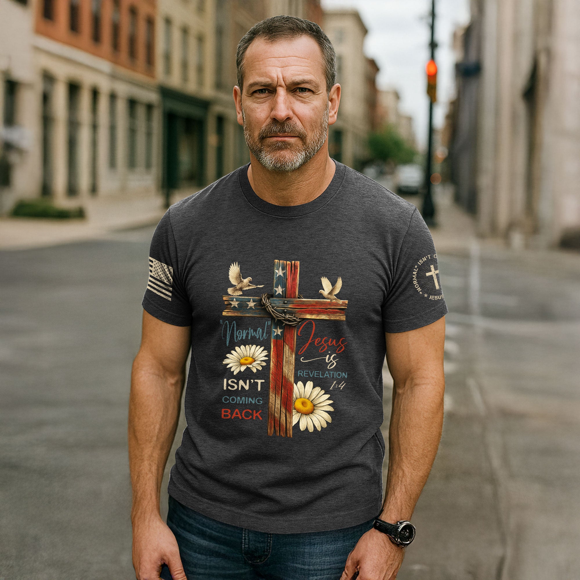 Normal Isn’t Coming Back – Jesus Is Shirt | Revelation 1:4 Floral USA Flag Cross Tee