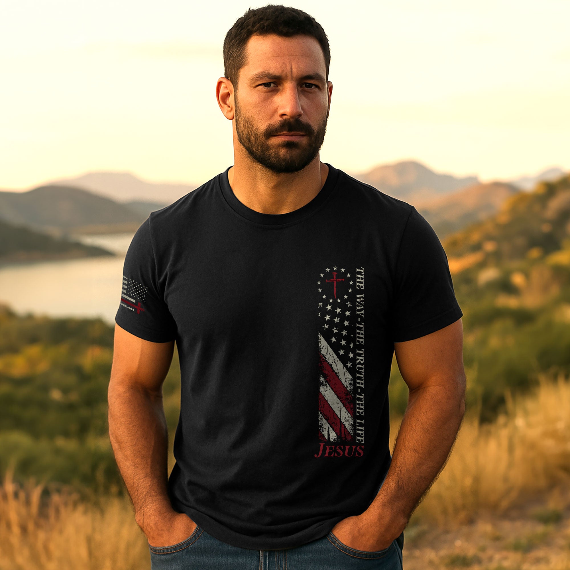 Jesus The Way The Truth The Life Shirt – USA Flag Cross 2-Sided Christian Tee