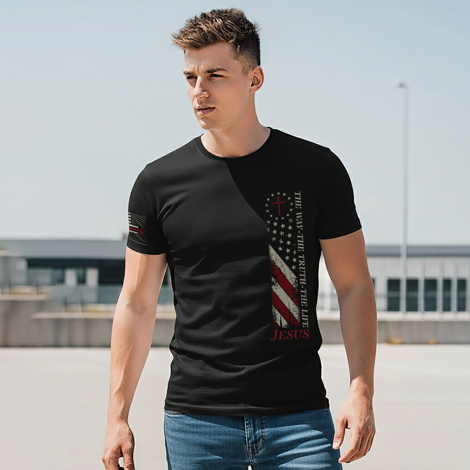Jesus The Way The Truth The Life Shirt – USA Flag Cross 2-Sided Christian Tee