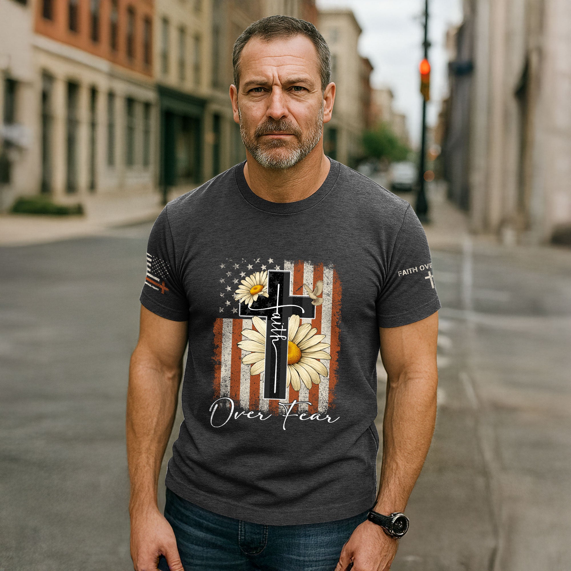 Faith Over Fear Shirt – Daisy Cross USA Flag Christian Tee